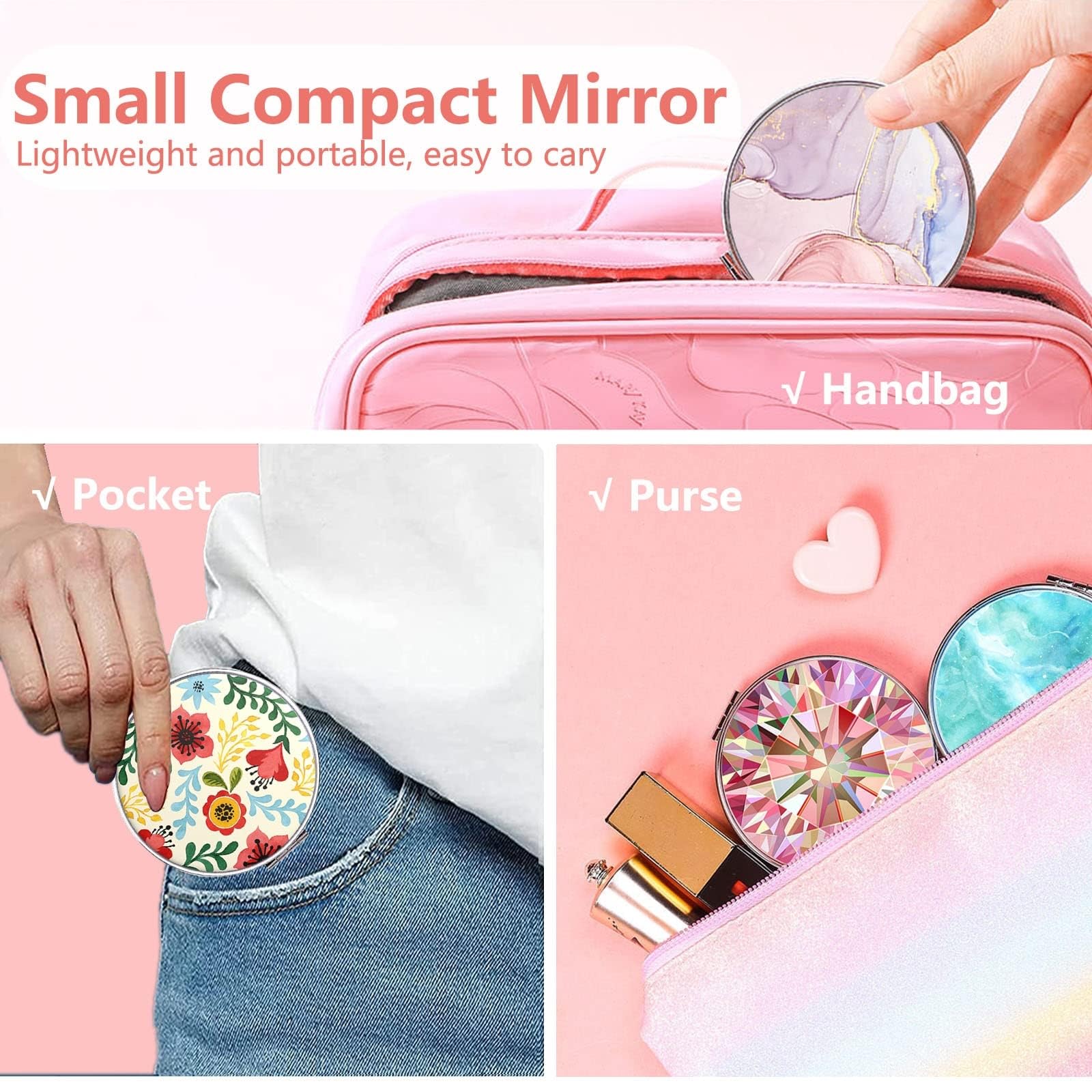 FEELHIGH Compact Pocket Mirror - Small Travel Makeup Mirror with Double-Sided Design for Purse, Handbag & On-the-Go Touch Ups | Portable Folding Mirror for Women, Girls & Travel Essentials