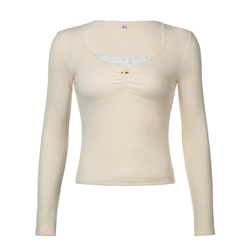 Korean Fashion Slim Knitted Women's T-Shirt - Cute Appliques & Folds Long Sleeve Top for Girls | Autumn 2025 Trendy Tee | Perfect for Casual Wear, Date Nights & Street Style Outfits