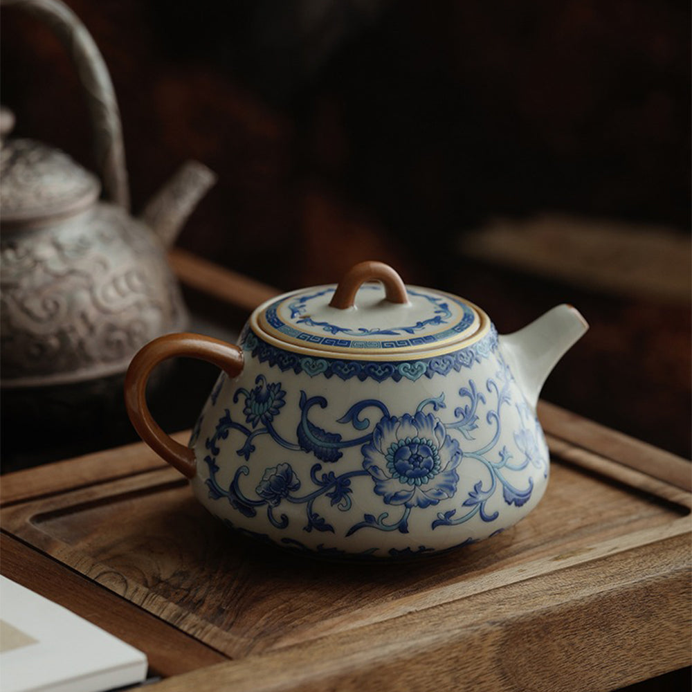 Exquisite Chinese Blue and White Ruyao Shi Piao Teapot - Handcrafted Ceramic Teapot for Tea Lovers | Perfect for Home, Office, and Gift Giving