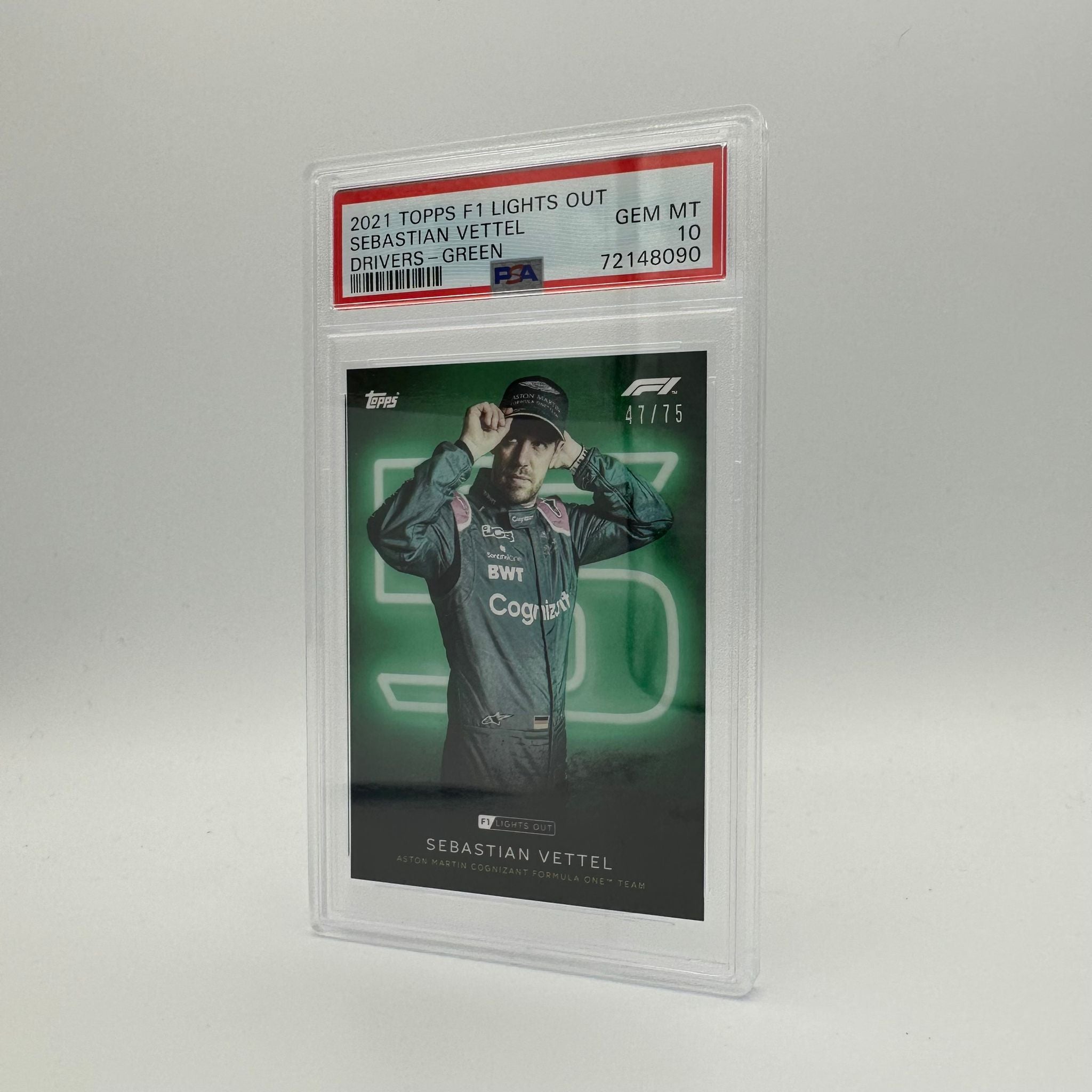 PSA 10 47/75 Sebastian Vettel Green Parallel Racing Card - Rare Collectible F1 Memorabilia for Sports Fans & Card Collectors - Perfect for Display, Trading, and Investment