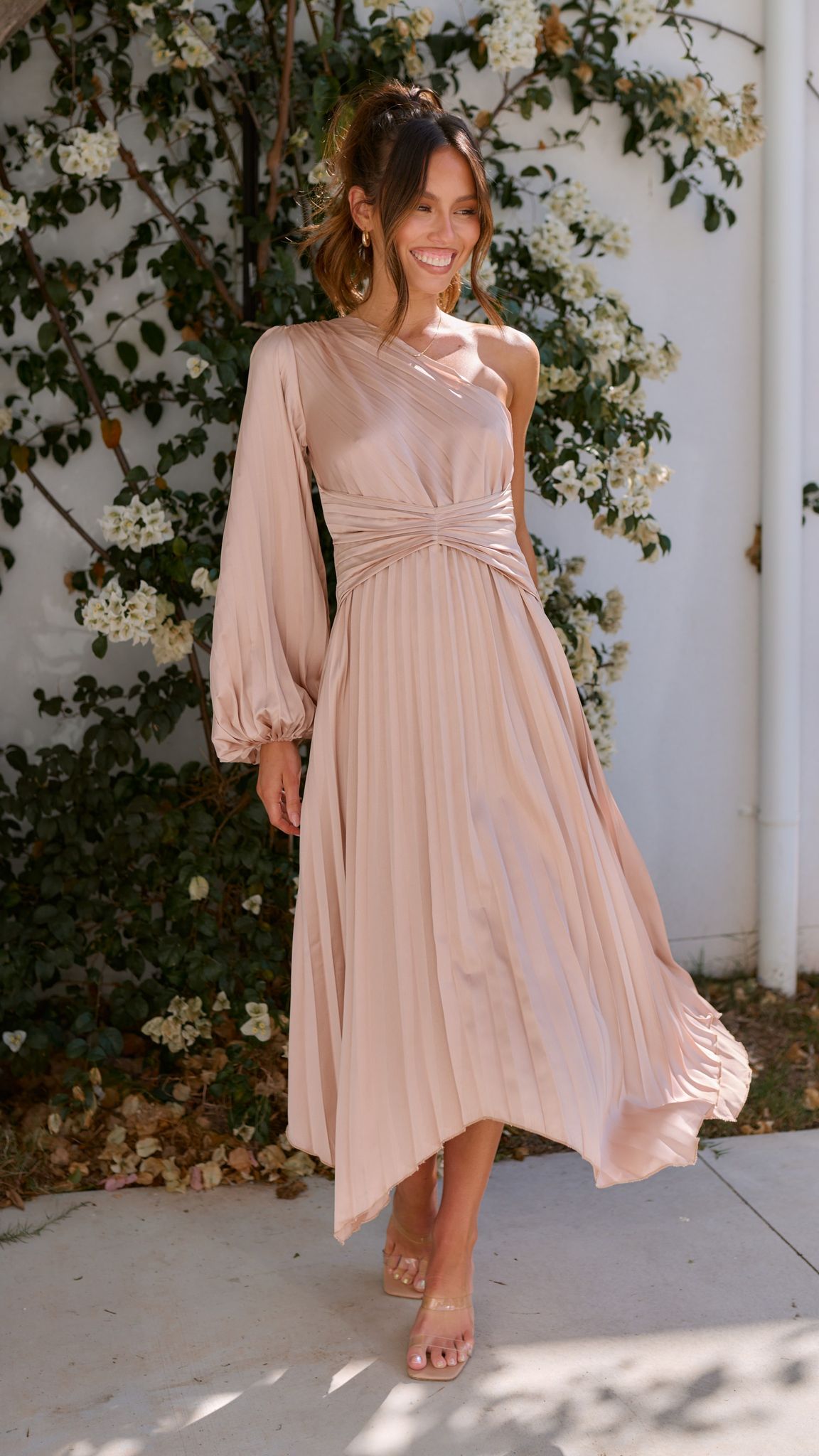 Elegant Brooklyn One Shoulder Midi Dress in Champagne - Perfect for Cocktail Parties, Date Nights & Summer Weddings
