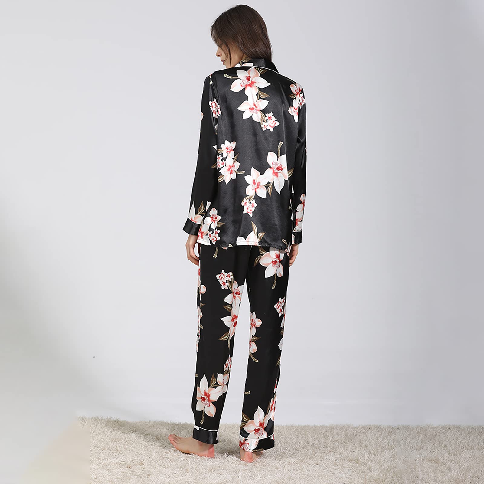 CQZZU Women's Silk Satin Pajama Set - 2 Piece Long Sleeve Button Down Top & Pants with V-Neck - Soft Comfortable Loungewear for Sleep, Relaxation & Homewear (Black Pattern, XL) - Perfect for Cozy Nights, Spa Days & Gift Giving