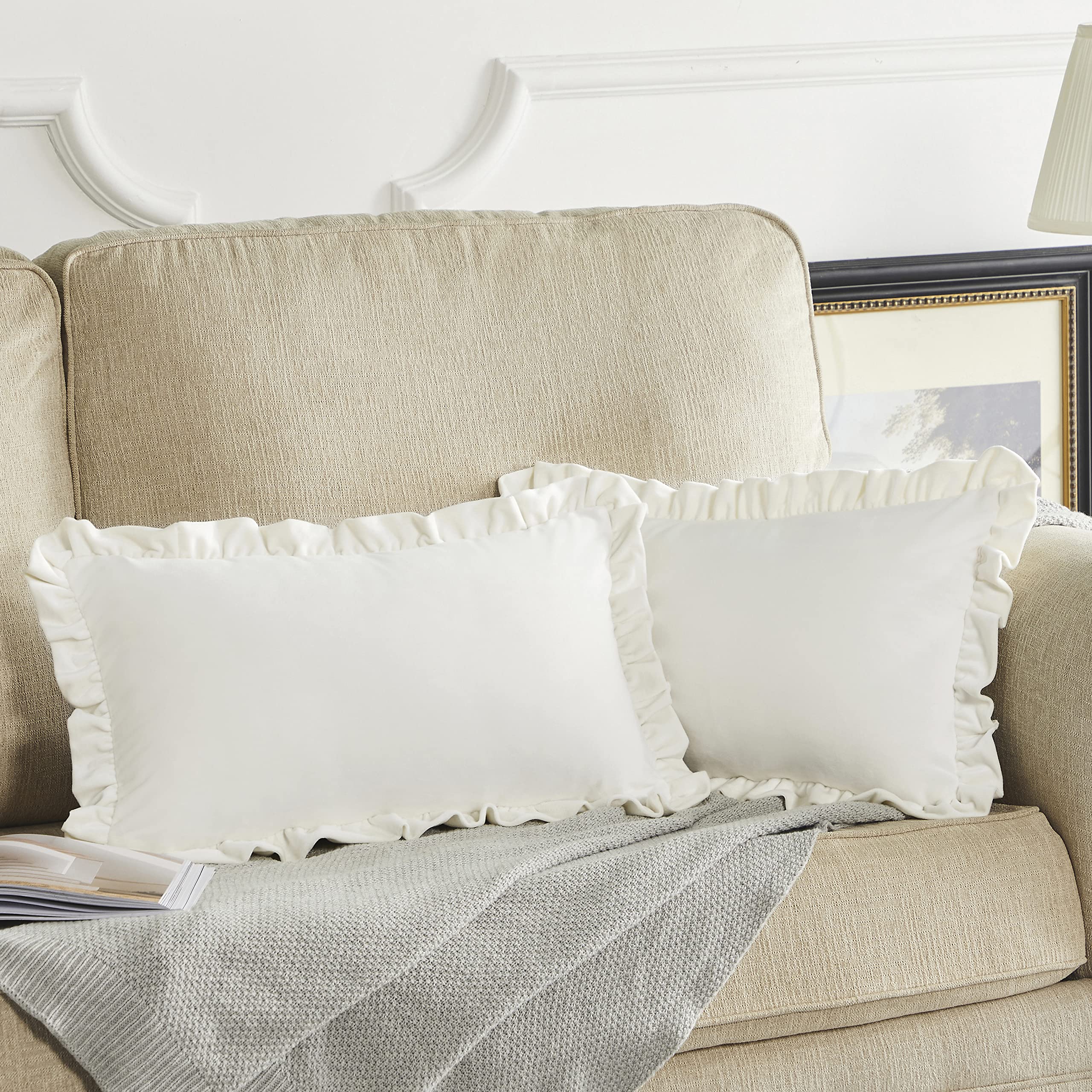 Velvet Cream 12x20 Lumbar Pillow Covers Set of 2 - Decorative Ruffle Ivory Cushion Covers for Sofa, Couch & Bed - Elegant Home Decor for Living Room, Bedroom & Dorm
