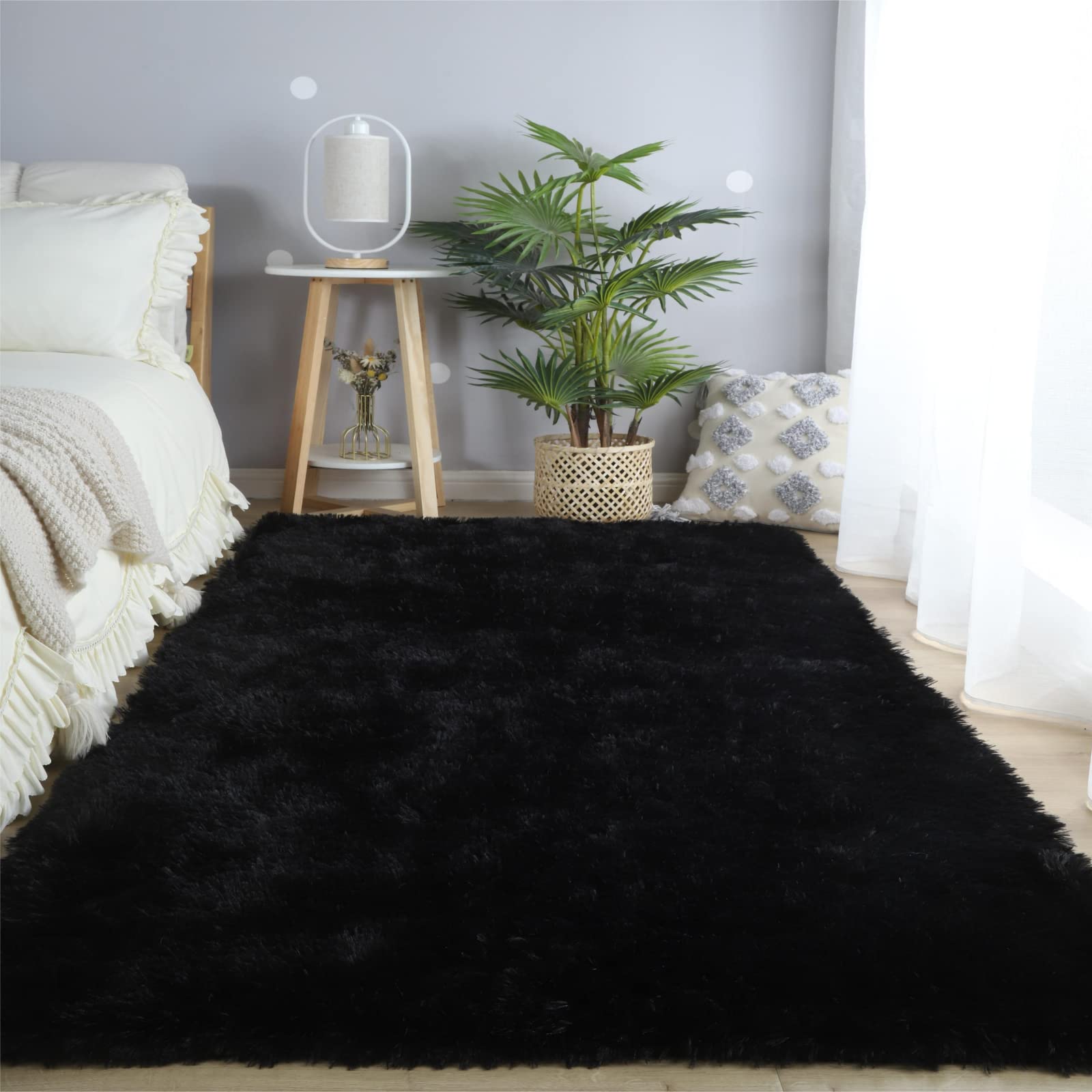 CAIYUECS Ultra Soft Shag Area Rug - Plush Faux Fur Rug for Bedroom, Living Room & Nursery - Non-Skid Modern Home Decor (8x10 Feet, Black) - Perfect for Kids Room, Cozy Floor Seating & Stylish Interior Design