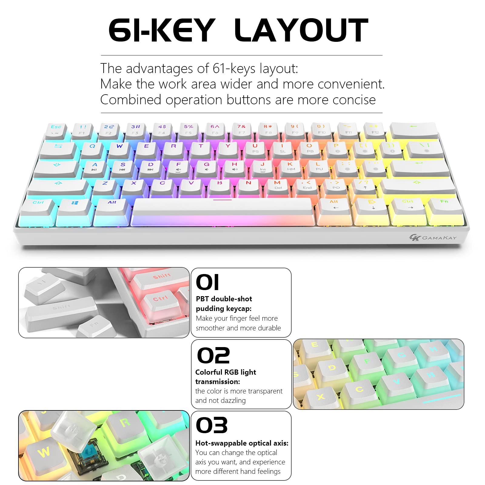 GAMAKAY MK61 RGB Mechanical Keyboard - 61 Keys, Gateron Optical Switches, Waterproof for Gaming