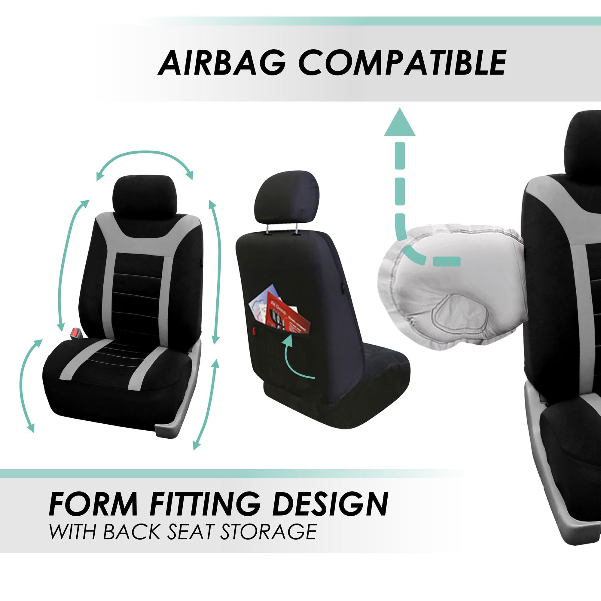 Premium FH Group Universal Car Seat Covers Full Set - Gray Sports Style with Airbag Compatibility | Split Rear Design for Trucks, SUVs & Vans | Durable Interior Seat Protector for Daily Commute, Road Trips & Family Adventures