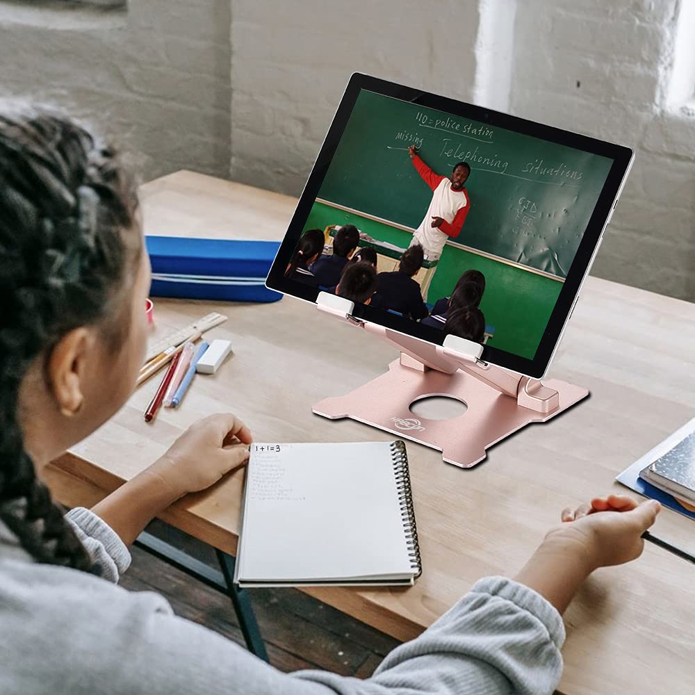 KABCON Adjustable Aluminum Tablet Stand Holder - Eye-Level Desktop Stand for iPad, Microsoft Surface, Samsung Galaxy, Kindle Fire & 10-15 Inch Tablets (Pink) | Perfect for Work, Study, Video Calls & Hands-Free Viewing