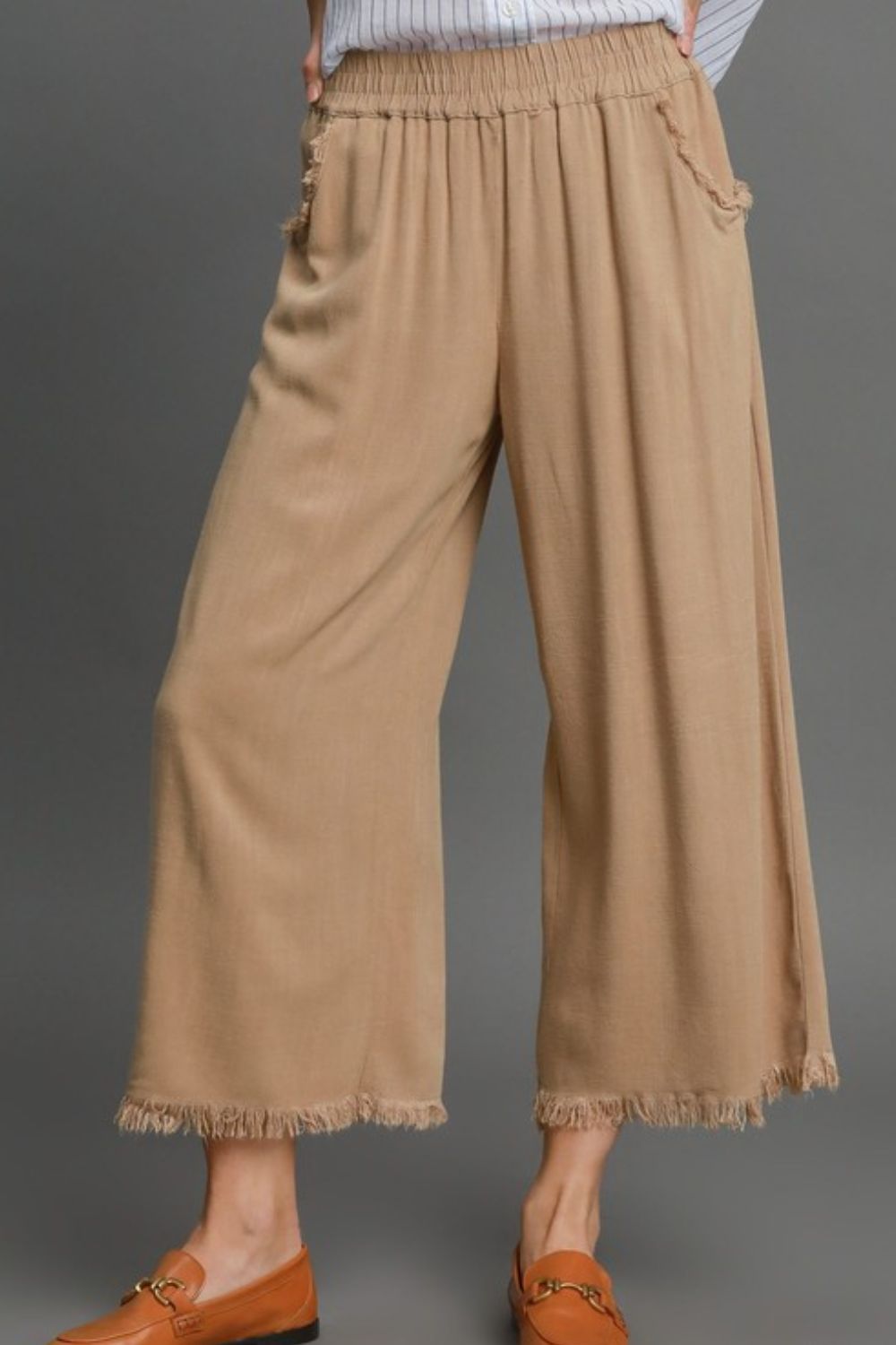 Full Size Linen Blend Elastic Waistband Wide Leg Resort Pants for Women - Comfortable Vacation, Beach, Yoga & Lounge Wear