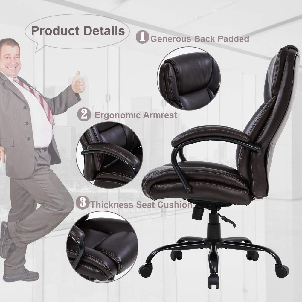 Big and Tall Office Chair 500lbs Capacity - Extra Wide Seat Ergonomic Computer Desk Chair with Adjustable Lumbar Support & Armrests - High Back Executive Swivel Rolling Chair for Heavy People - Perfect for Home Office, Gaming & Workspaces (Brown)