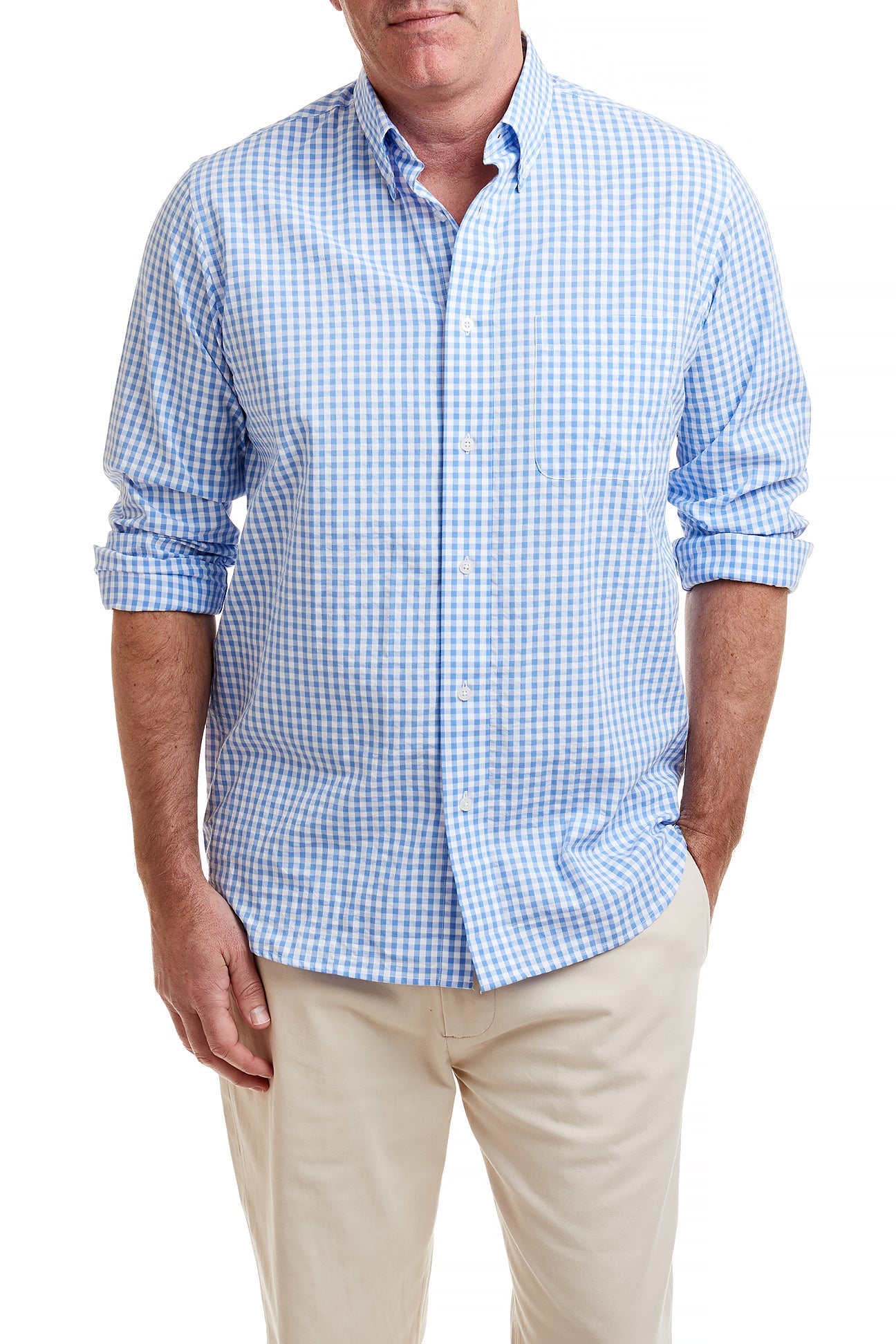 Men's Blue Gingham Seersucker Chase Shirt - Casual Summer Button Down for Outdoor Events & Beach Vacations