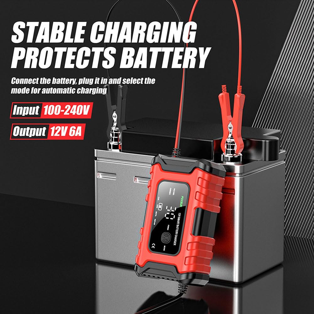12V 6-Amp Smart Car Battery Charger & Maintainer - Fully Automatic Trickle Charger, Battery Desulfator for Automotive, Motorcycle, Boat, RV, ATV, SUV, Lawn Mower & Snowmobile - Perfect for Winter Storage & Vehicle Maintenance