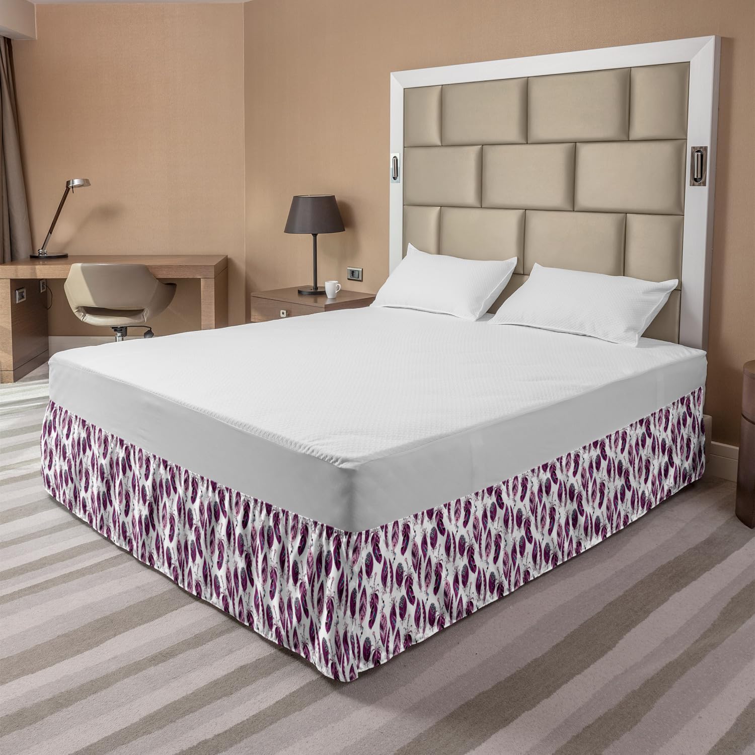 Ambesonne Bohemian Bed Skirt with Feather & Geometric Patterns - Elastic Wrap Around Gathered Design for King Size Beds in Pale Pink Plum | Hippie Chic Bedroom Decor for Master & Guest Rooms