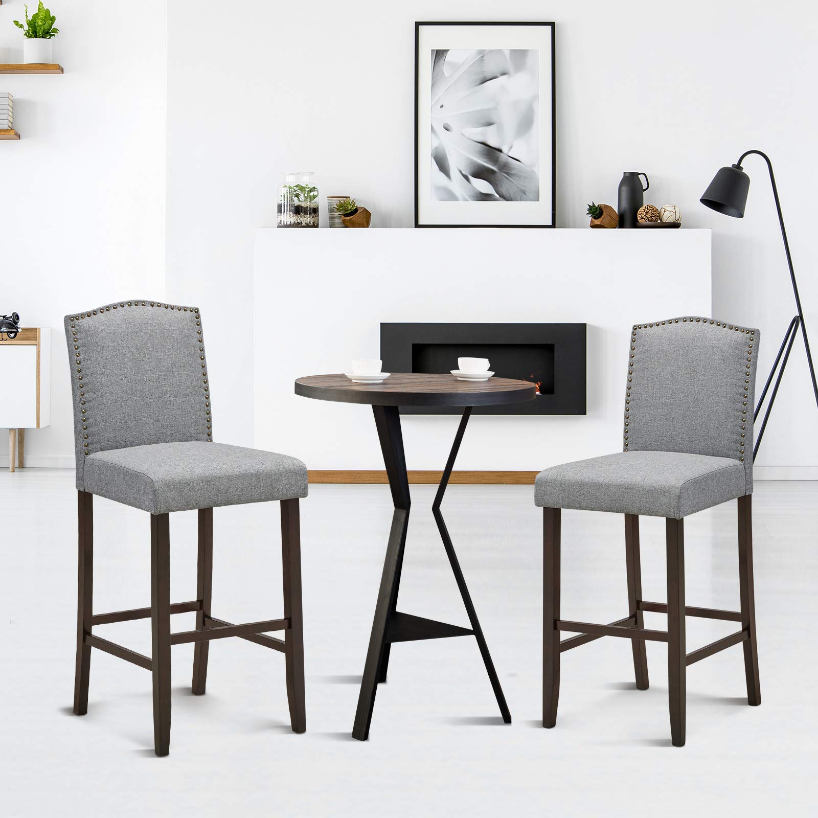 COSTWAY 2-Pack 29 Inch Upholstered Bar Stools with S-Shaped Spring Thick Cushion, Rubber Wood Legs, High Back Counter Stools for Kitchen Island, Breakfast Bar, Dining Room & Living Room (Set of 2, Grey) - Perfect for Entertaining, Casual Dining & Home Decor