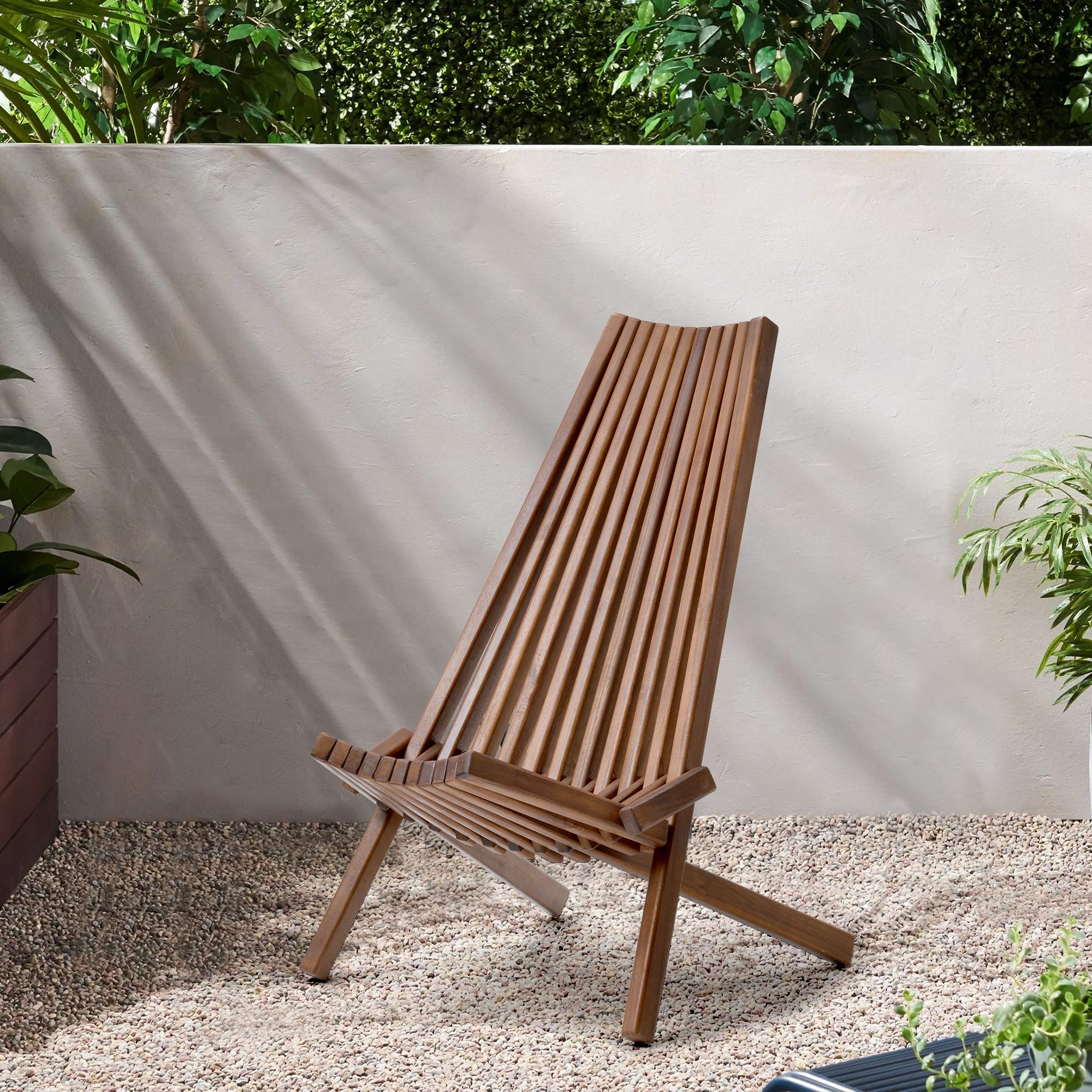 Acacia Wood Outdoor Folding Chair - Stylish Low Profile Lounge Chair for Patio, Porch, Lawn, Garden - Easy Assembly - Cinnamon Brown - Perfect for Backyard Relaxation, Poolside Lounging & Outdoor Gatherings (1 Chair)