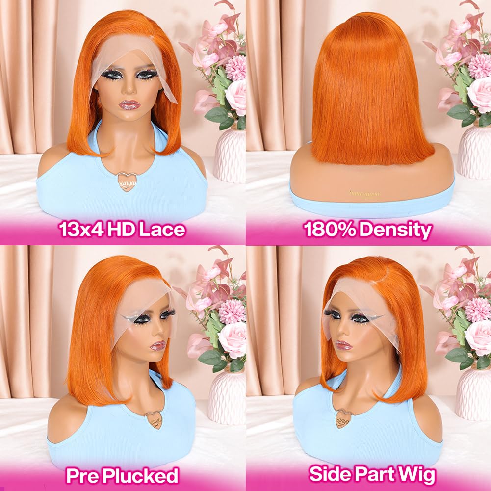 12 Inch Ginger Orange Bob Wig Human Hair - Glueless 13x4 HD Lace Front Wig with Pre-Plucked Natural Hairline for Black Women | #350 Straight Lace Frontal Wigs | Perfect for Cosplay, Halloween, Daily Wear & Protective Styling
