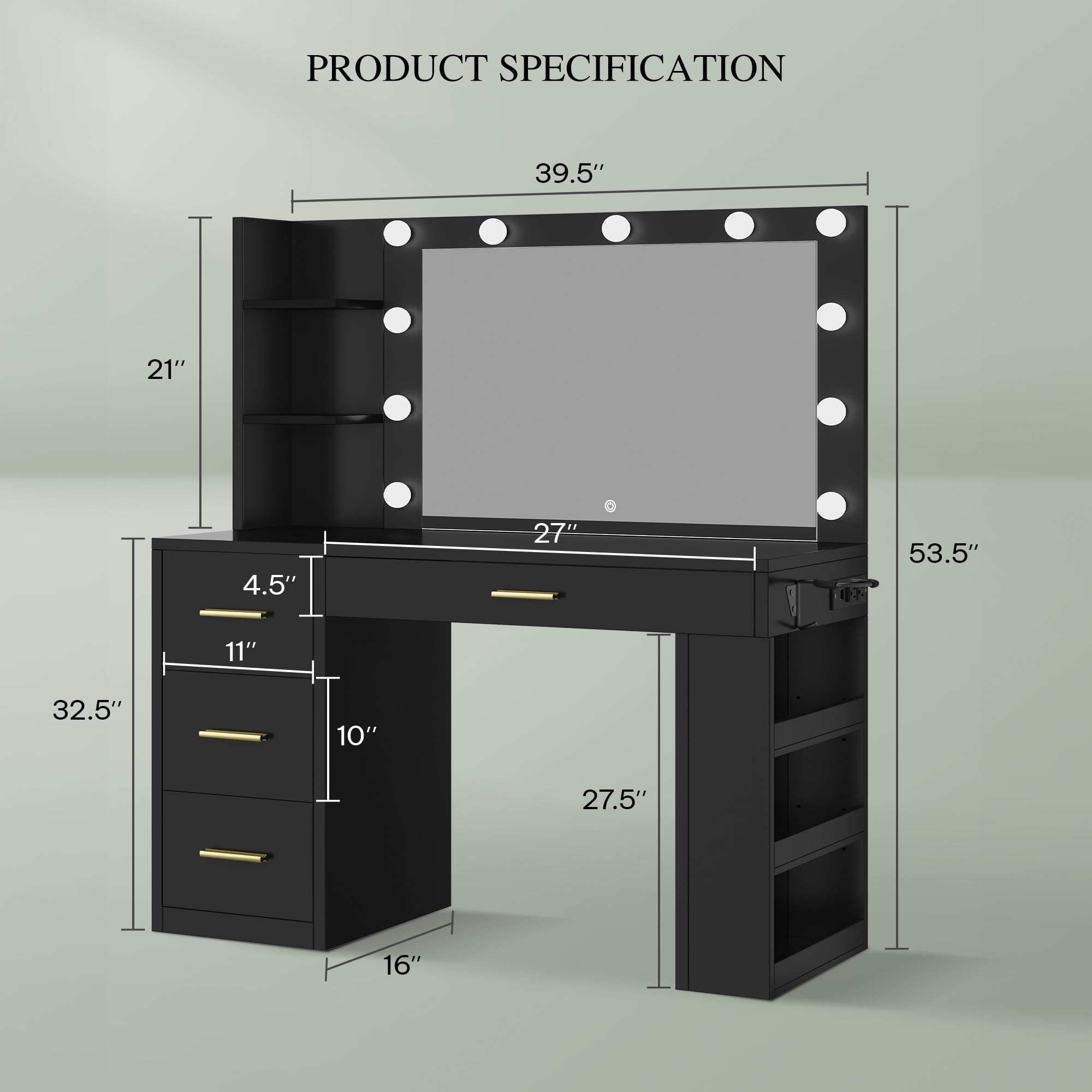 YITAHOME Vanity Desk with Mirror & LED Lights, Makeup Dressing Table with USB Charging Station, Large Vanity Set with 4 Drawers & 6 Storage Shelves, Black - Perfect for Bedroom, Dorm Room & Beauty Salon Organization