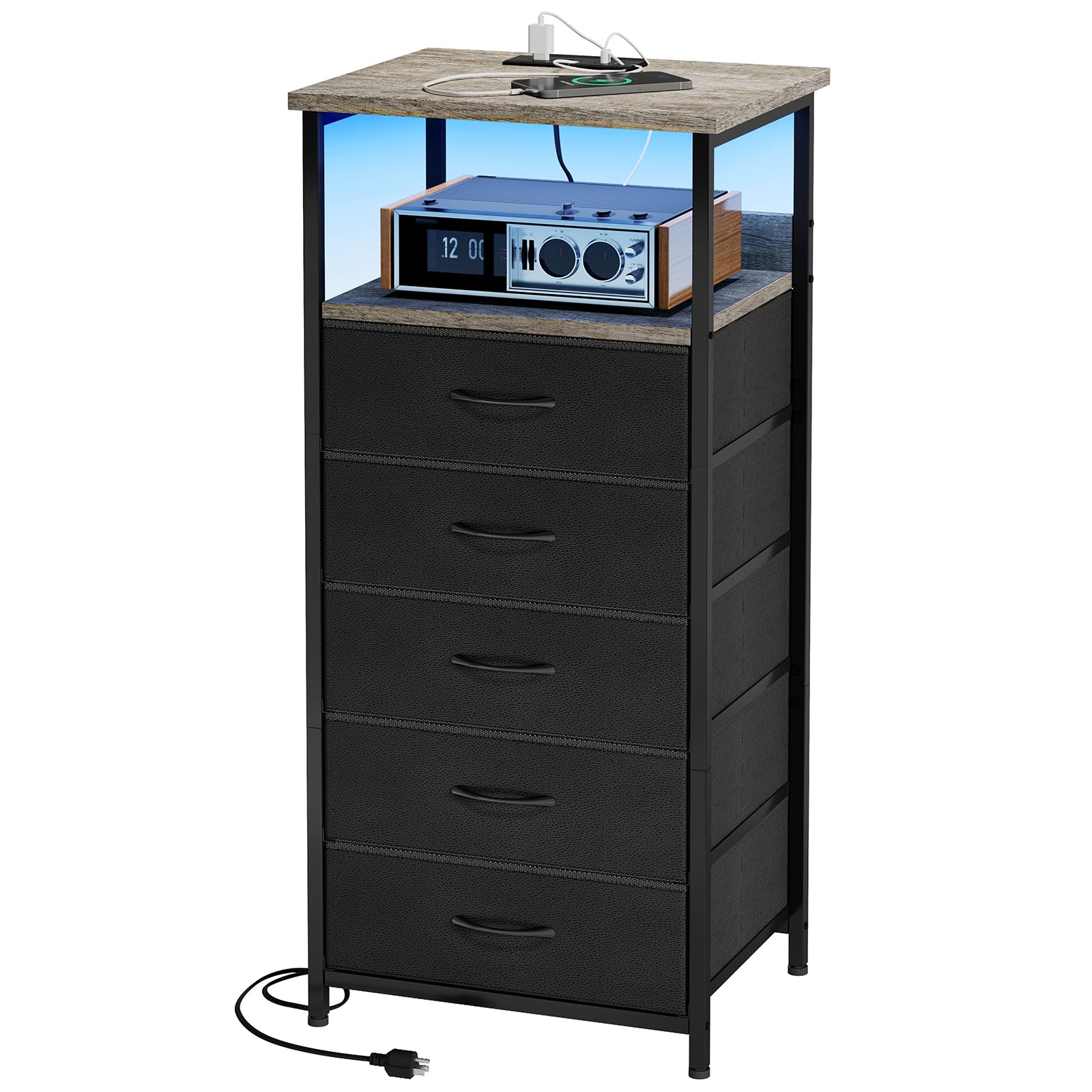 Fixwal Tall Nightstand with USB Charging Station & LED Lights - 5-Drawer Fabric Storage Dresser with PU Finish (Greige) - Perfect for Bedroom, Living Room & Dorm Organization