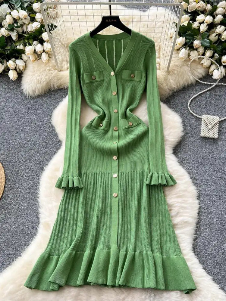 Elegant French Green V-Neck Knitted Dress for Women - Slim Fit Long Sleeve Ruffled Dress with Single Breasted Design | Perfect for Autumn 2024 Fashion, Office Wear, and Special Occasions