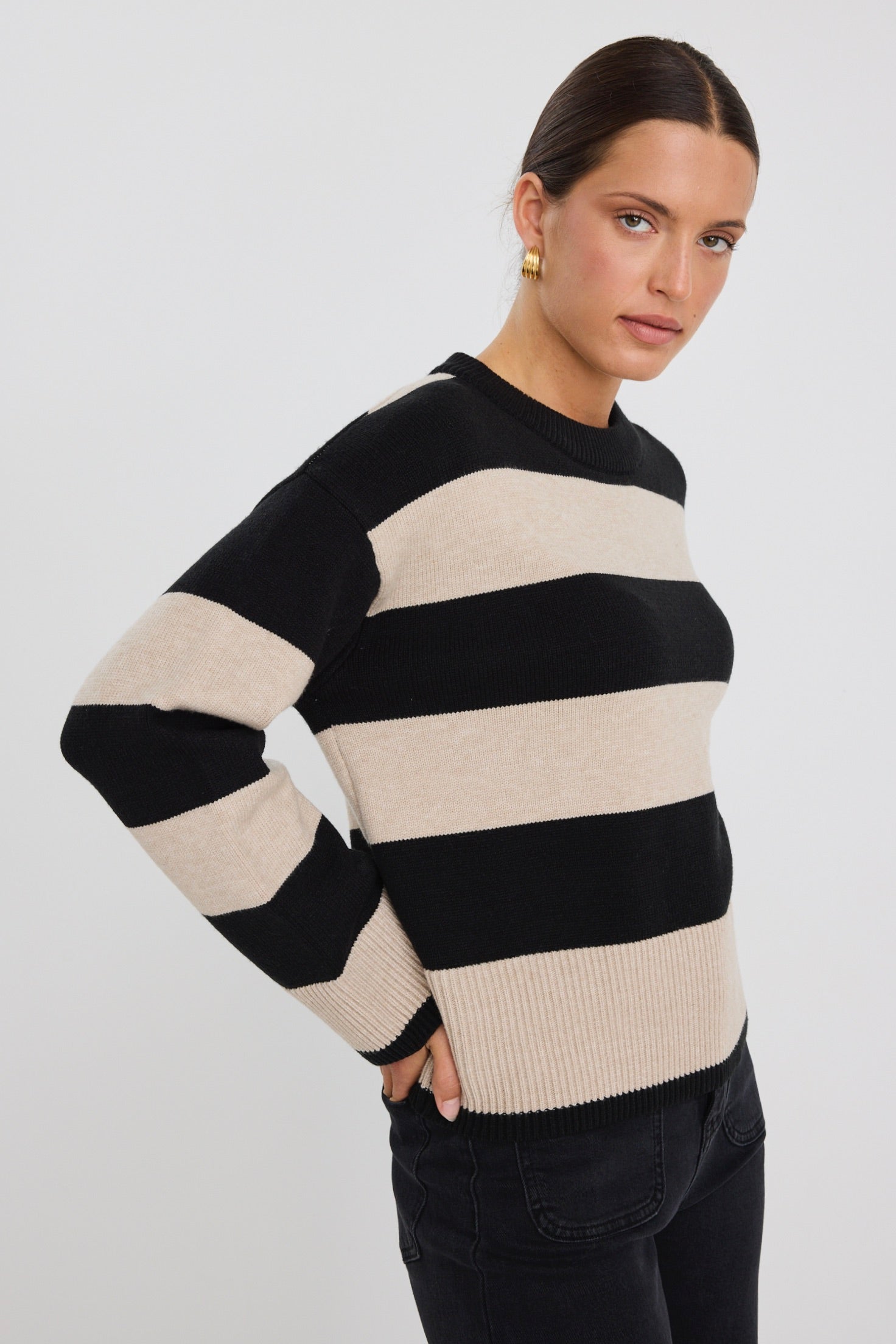 Gravity Black & Stone Stripe Crew Neck Knit Sweater for Men - Casual Winter Pullover for Office & Weekend Outings