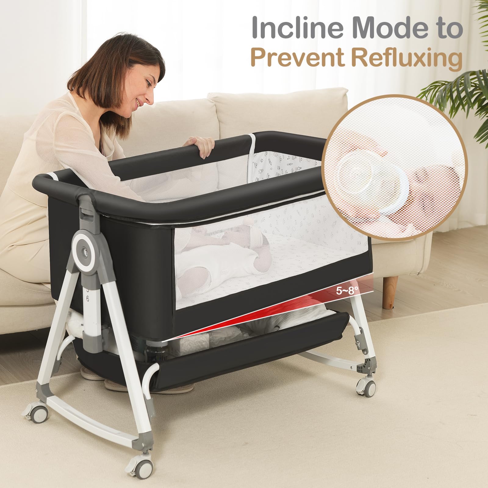 4-in-1 Baby Bassinet & Bedside Sleeper for Newborns - Adjustable Height Crib with 360° Wheels, Storage Basket & Mosquito Net | Portable Infant Bed for Nursery, Travel & Co-Sleeping | Breathable Mesh Design for Safe Baby Sleep