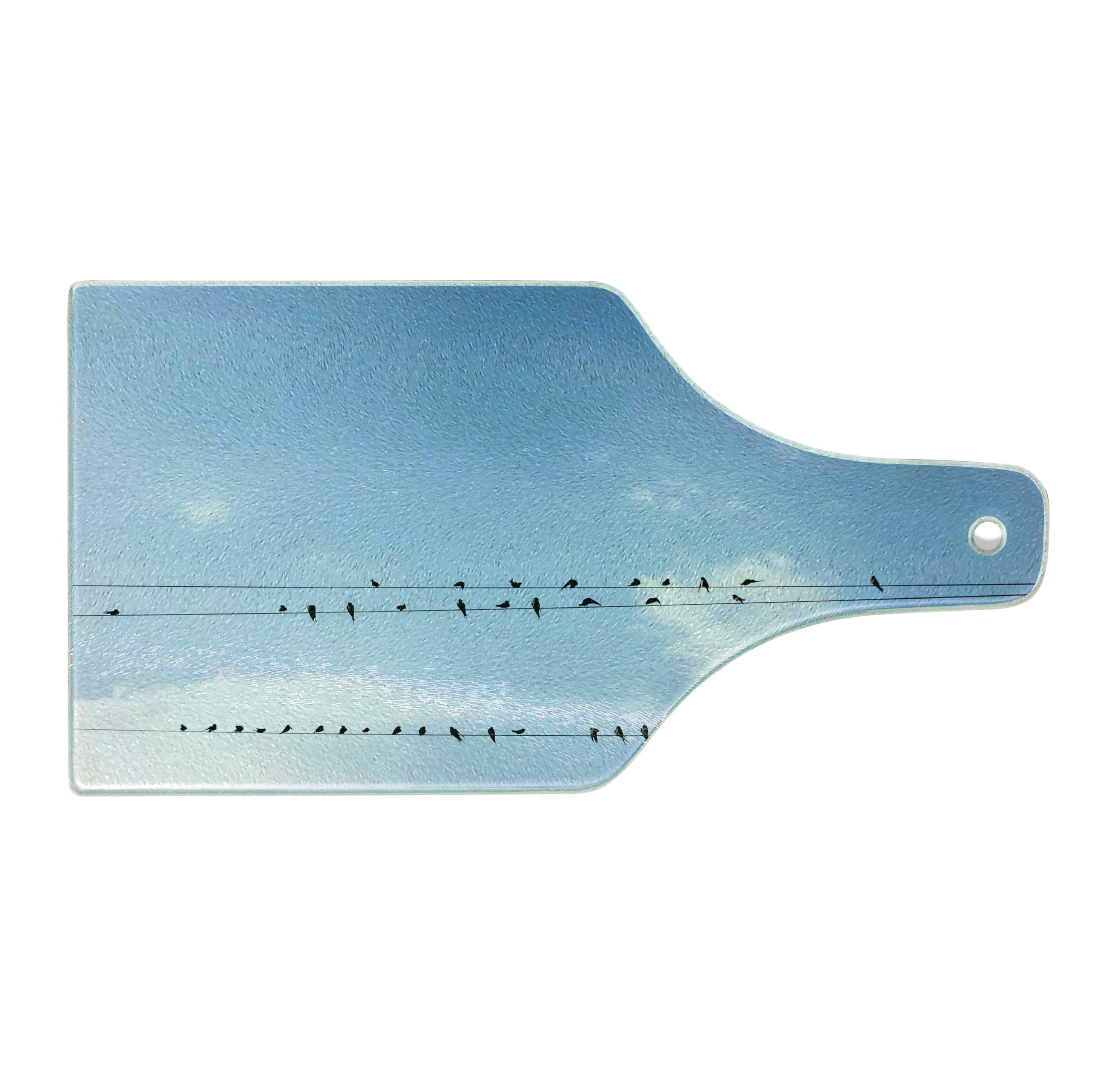 Ambesonne Decorative Tempered Glass Cutting Board - Swallows on Power Cord Spring Design, Wine Bottle Shape in Pale Blue, Black & White | Perfect for Serving Charcuterie, Cheese & Entertaining