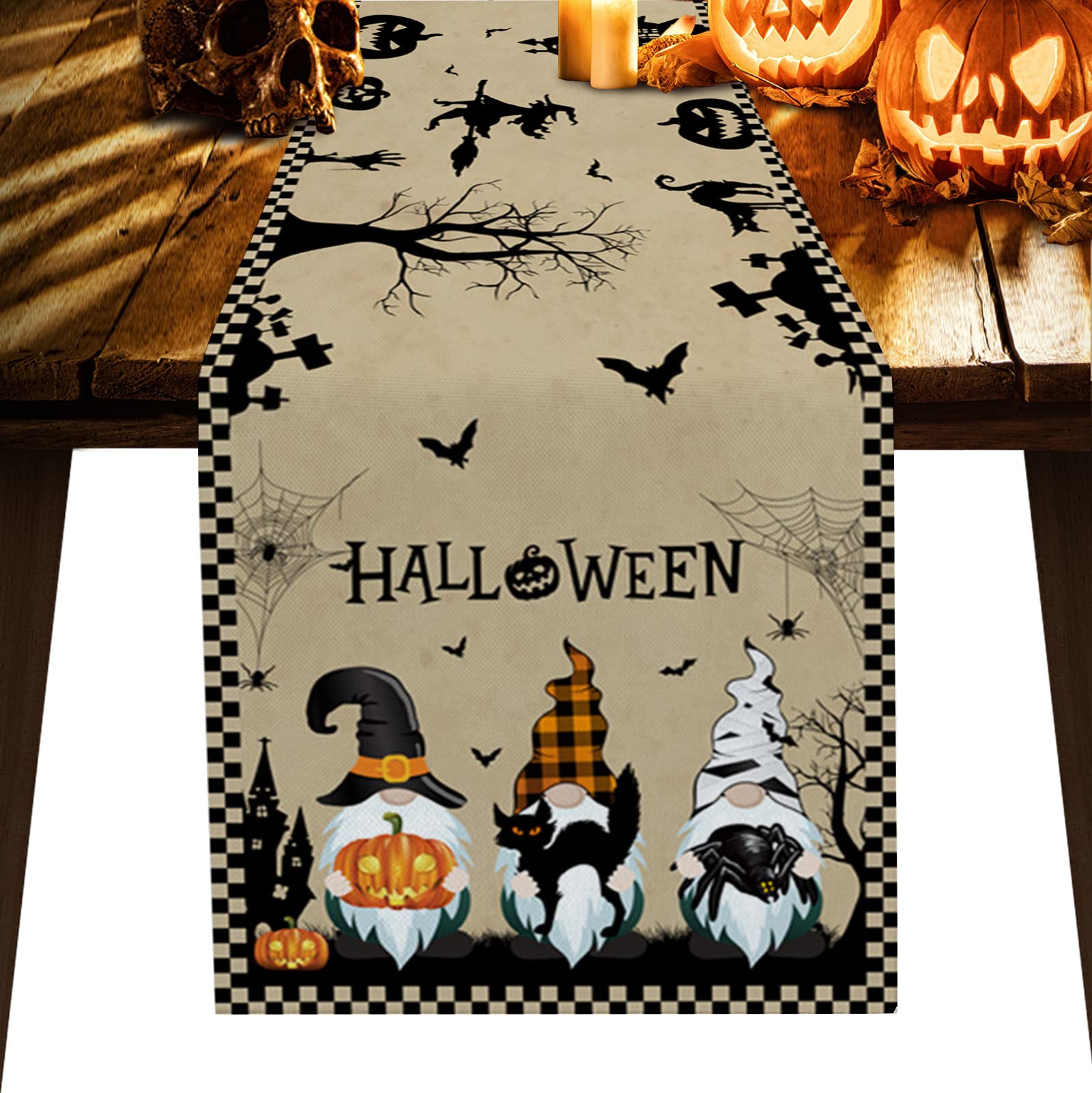 Halloween Gnome Burlap Table Runner - 13x108 Inch Modern Farmhouse Decor for Coffee Table, Dining Table, Dresser & Entryway - Perfect for Spring Parties & Seasonal Home Decor