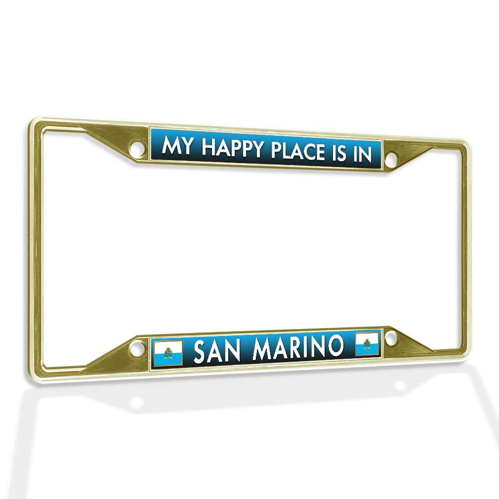 Premium Metal Insert License Plate Frame - 'My Happy Place is in San Marino' Weatherproof Car Accessory with 4 Gold Holes & Solid Insert | Durable Auto Decoration for Cars, Trucks & SUVs