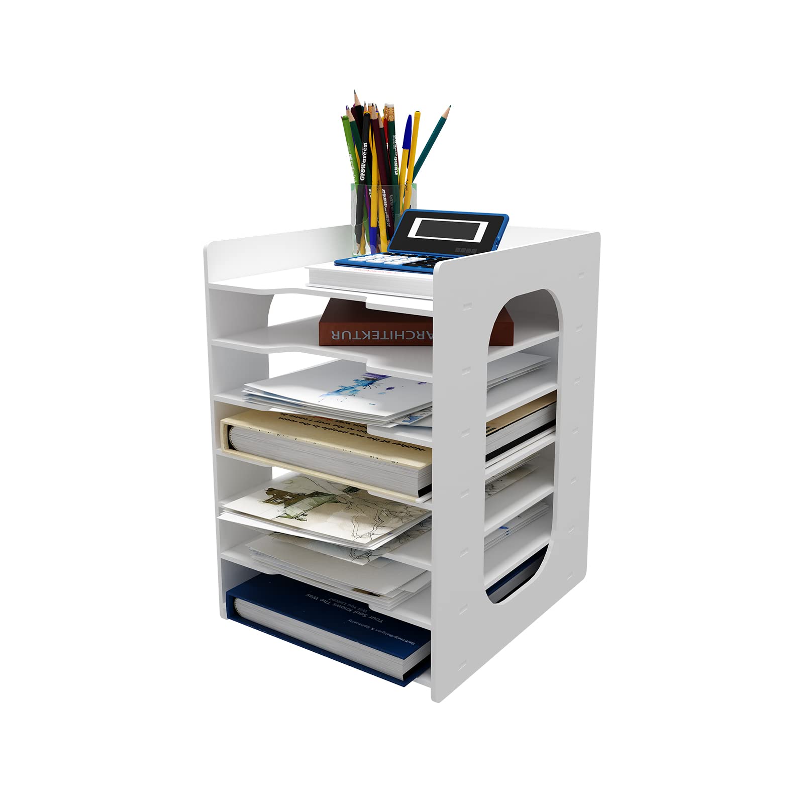 7-Tier White Paper Organizer for Desk - File Holder & Mail Letter Tray, Document Storage Rack for Home Office, School & Classroom - Perfect for Organizing Bills, Notebooks, Office Supplies & Daily Documents
