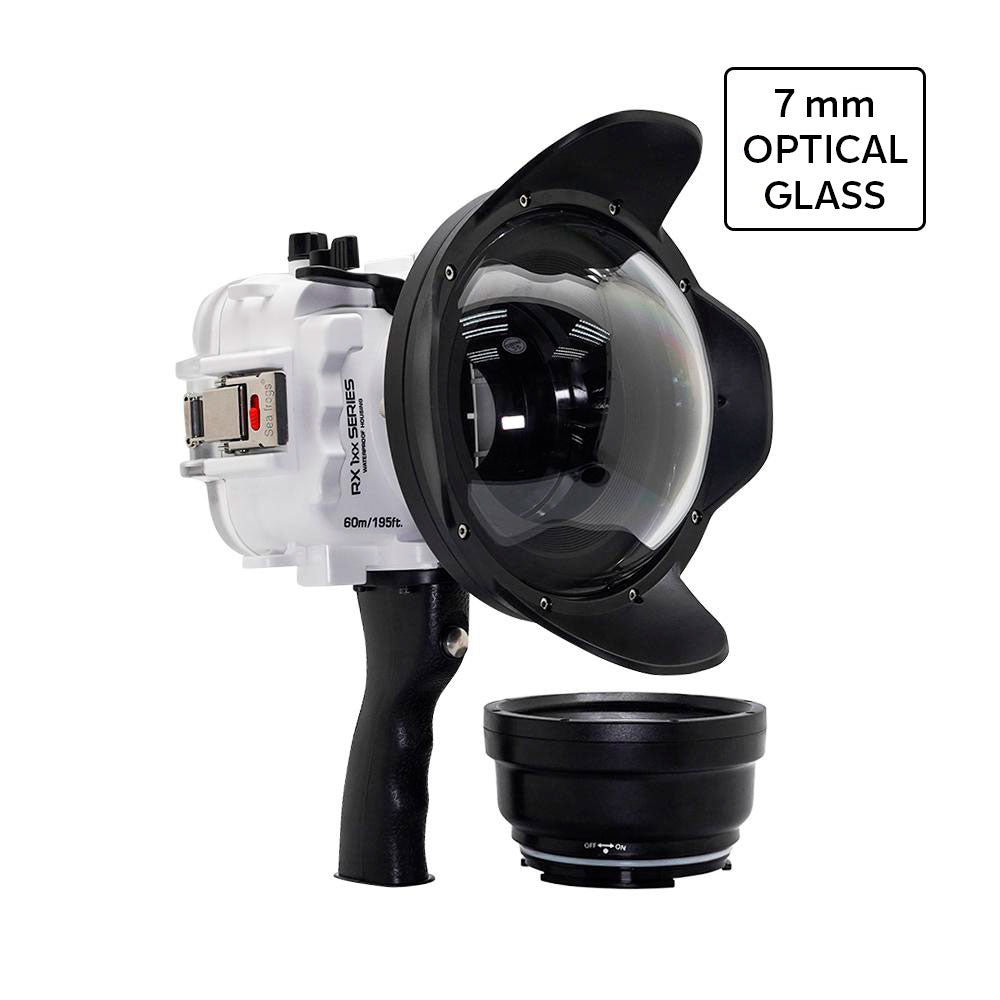 Waterproof Housing for Sony RX1xx Series - 60M/195FT Depth Rating, Salted Line with Pistol Grip & 6 Optical Glass Dry Dome Port (White) - Perfect for Underwater Photography, Scuba Diving, and Marine Exploration