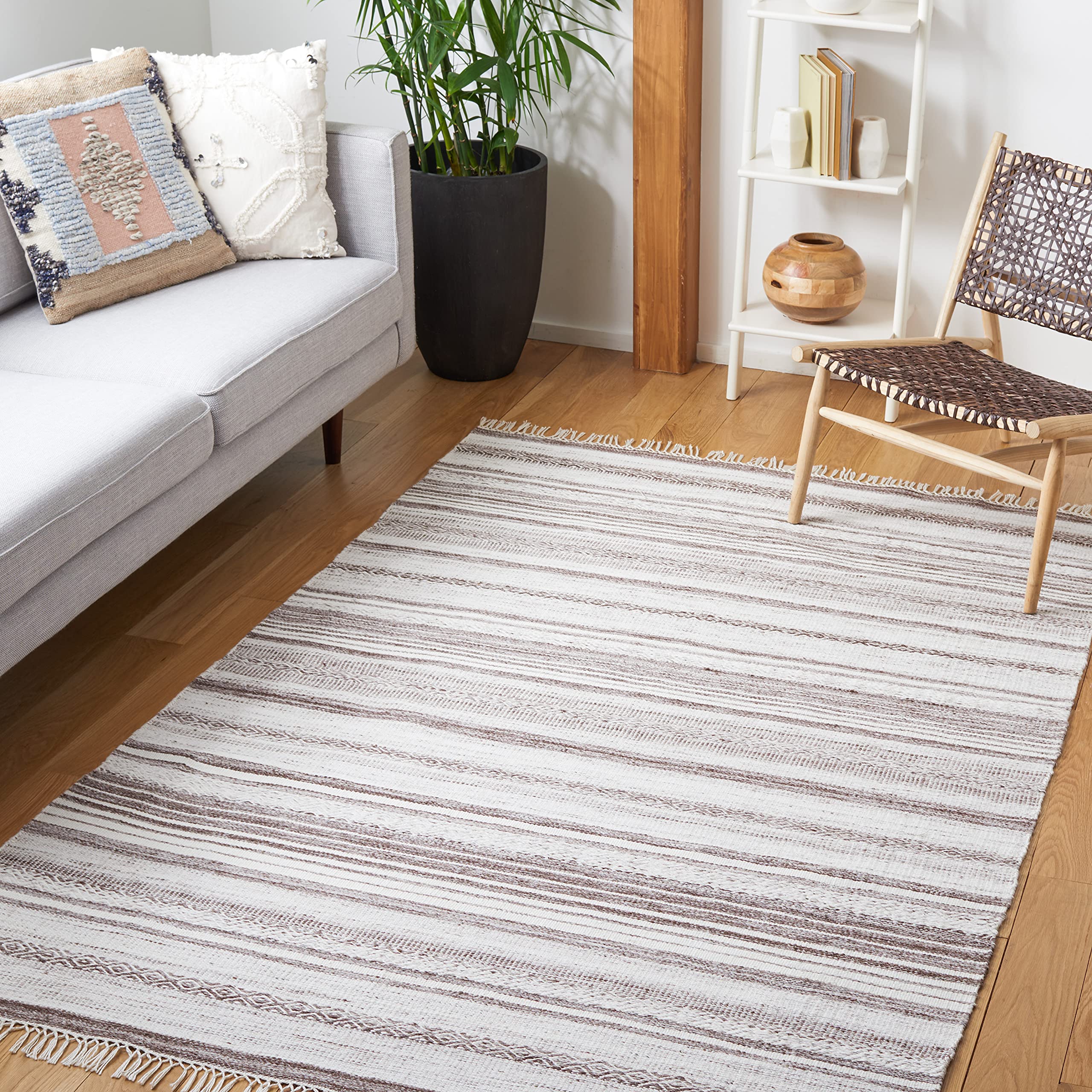 SAFAVIEH Striped Kilim Collection 7' Square Brown/Ivory STK108T Flatweave Area Rug for Living Room, Dining Room & Bedroom | Boho Chic Home Decor, Perfect for Cozy Spaces & Modern Interiors