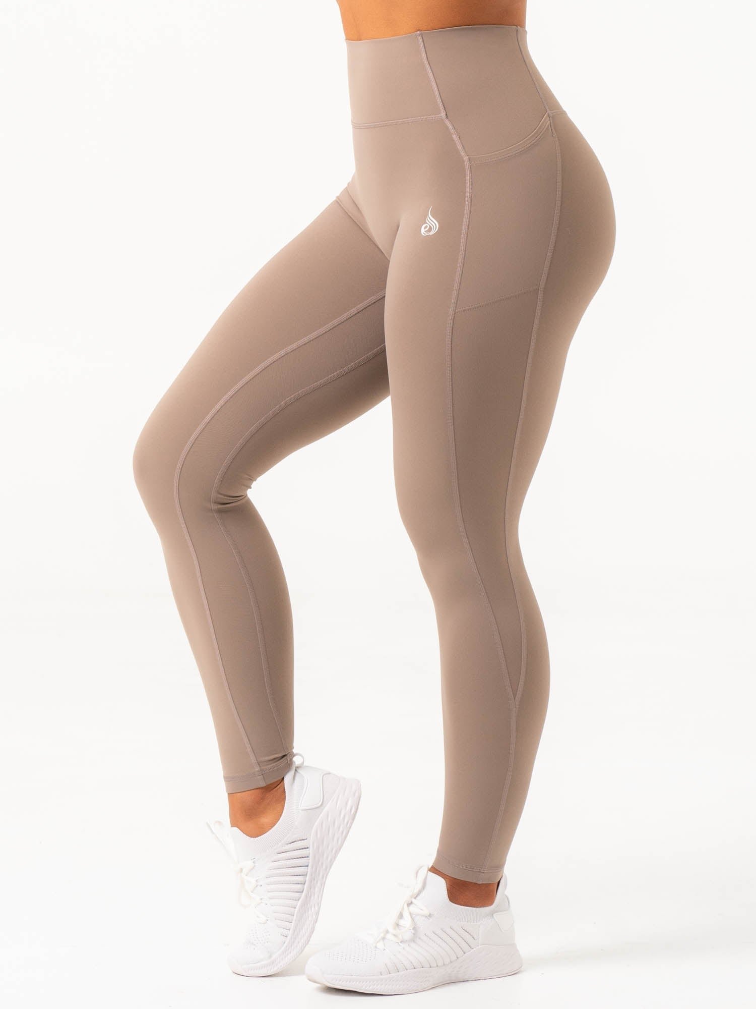 NKD Pocket Leggings for Women - High Waisted Yoga Pants with Side Pockets - Soft Stretchy Workout Leggings - Taupe Color - Perfect for Gym, Running, Yoga & Everyday Wear