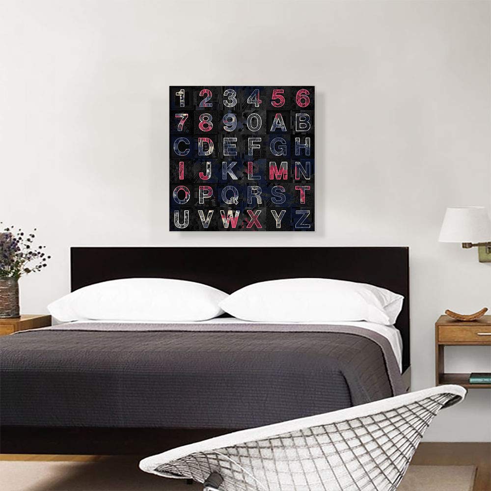 Modern Square Alphabet Canvas Art Print - Black, Blue, Red & White Framed Wall Decor - 26x26 Inch Stretched Painting for Living Room, Bedroom & Office