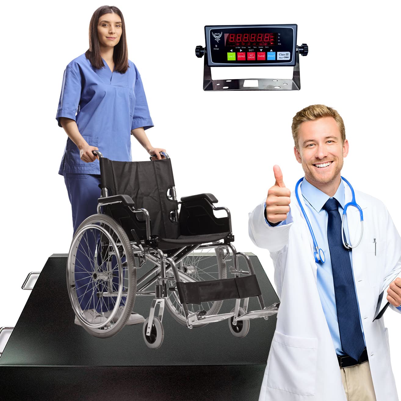 PEC Portable Wheelchair Scale - Digital Medical Scale with Dual Ramps, Side Handles & Wheels for Easy Transport - 35