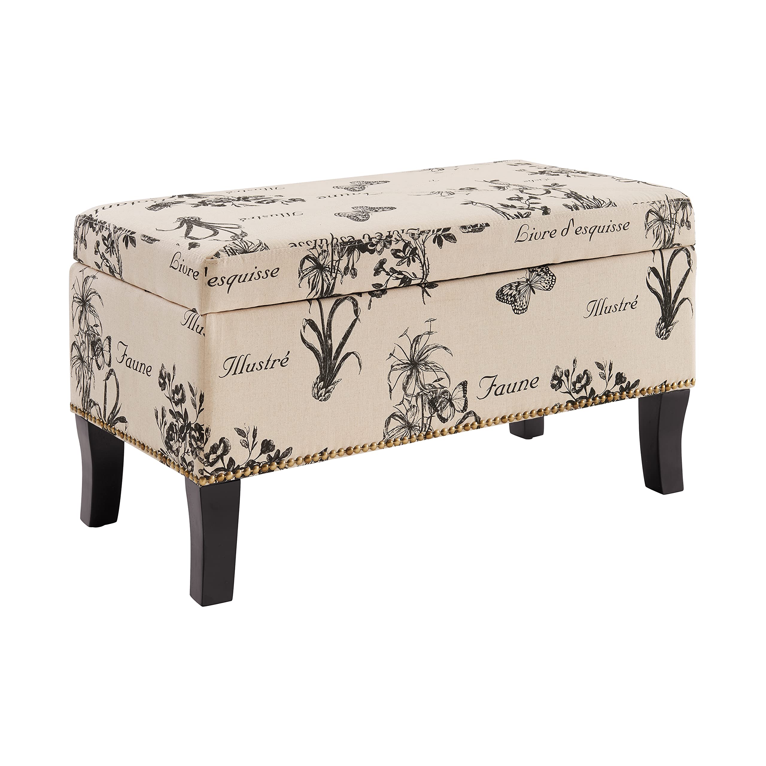 Linon Stephanie Ottoman with Botanical Linen Fabric - Stylish Footrest & Storage Bench for Living Room, Bedroom or Nursery - Perfect Home Decor Accent Piece
