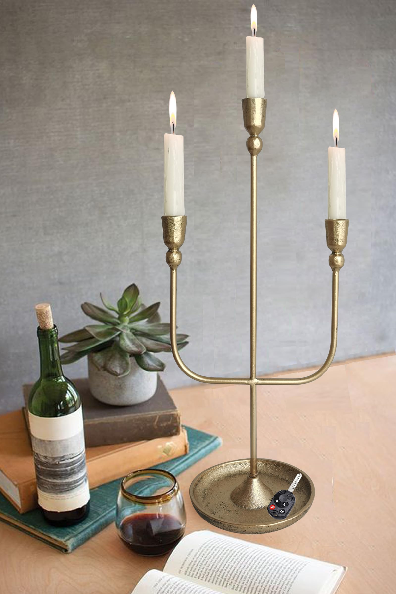 3-Piece Brass Finish Metal Candelabra Set - 20.5 Inch Tall Iron Candle Holders for Wedding Centerpieces, Dining Table Decor & Romantic Home Ambiance