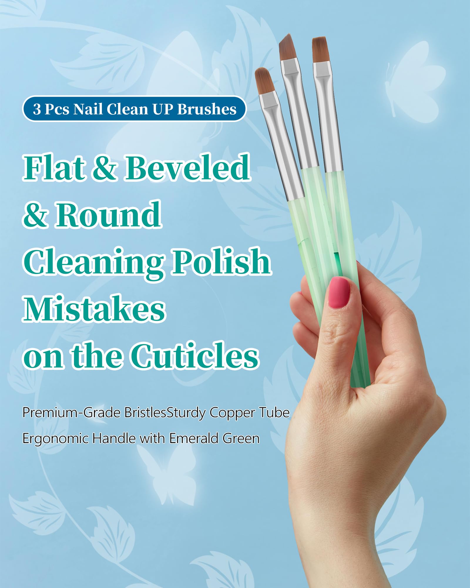 3PCS Nail Polish Clean Up Brush Set - Round, Flat & Angled Acetone Resistant Nail Brushes for OPI Nail Polish Remover, Professional Nail Art Tools for Home Manicure, Salon Use (Emerald Green) - Perfect for DIY Nail Designs, French Tips & Cuticle Cleaning