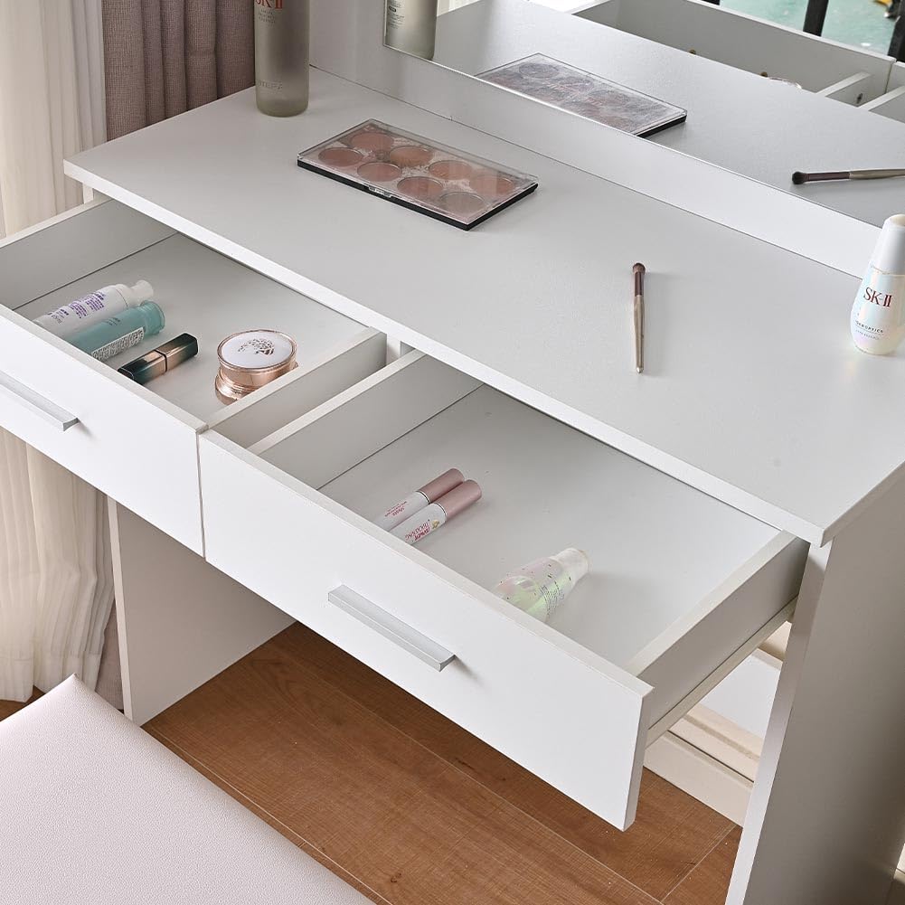 Shally Dogan Makeup Vanity Set with Stool - Ophelia Model with 12 LED Lights, Wooden White Dressing Table with Mirror & Drawers, Padded Comfortable Seat, Cold & Warm Lighting - Perfect for Bedroom Makeup Station, Beauty Room Decor, Bridal Dressing Area