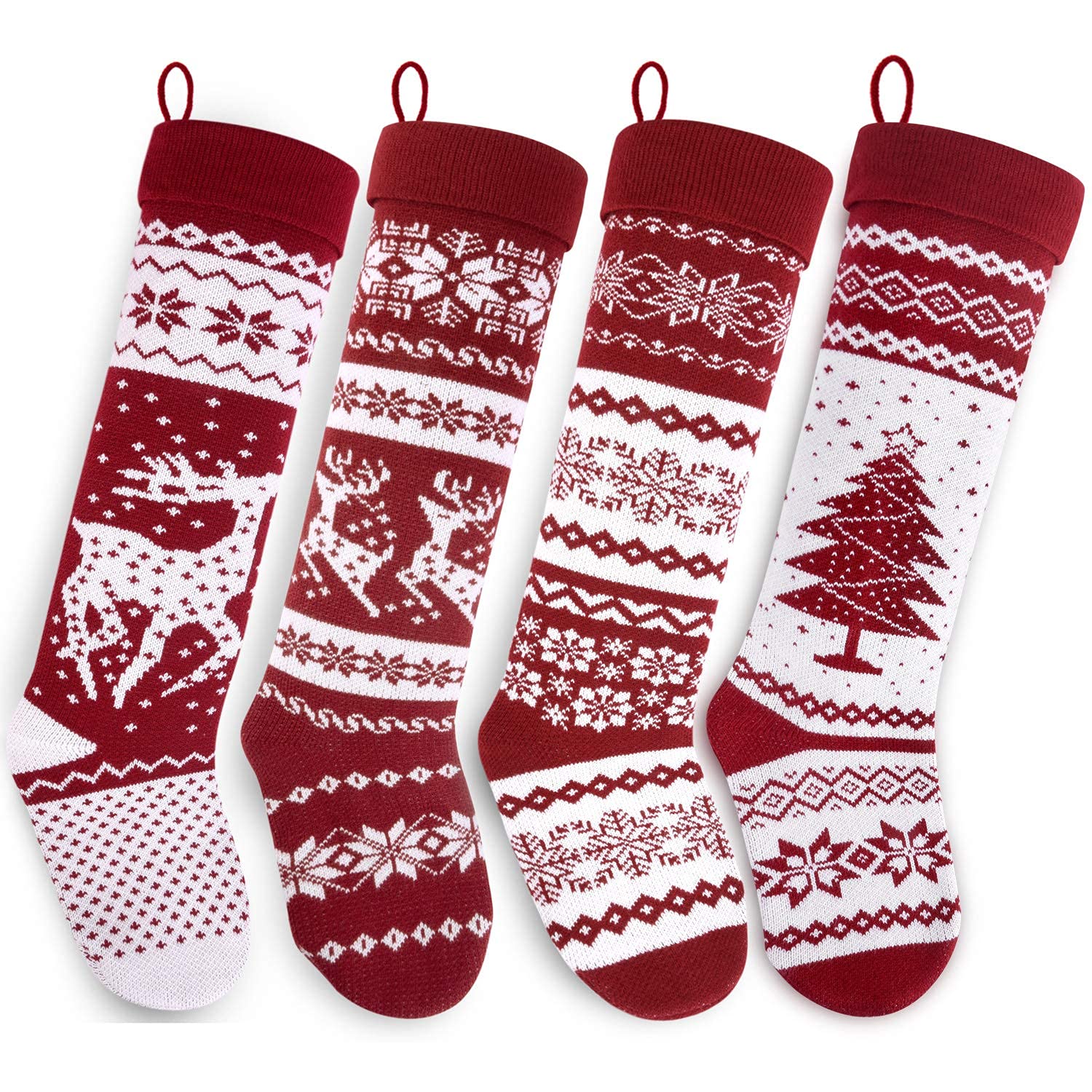 26-Inch Large Nordic Style Knitted Christmas Stockings - Burgundy & White Holiday Decor for Mantel, Wall, Staircase & Gift Stuffers | Perfect for Fireplace, Xmas Tree & Festive Home Decorating