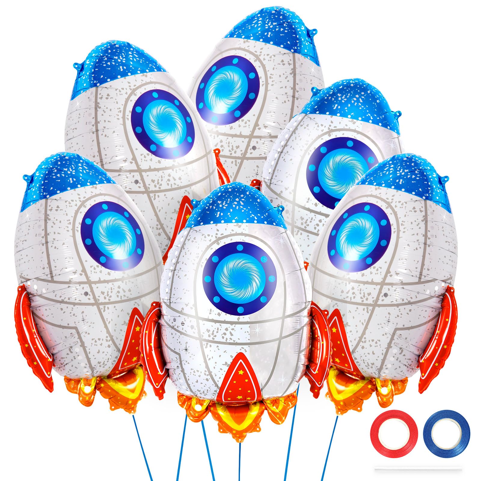 6 Pcs Blue Rocket Foil Balloons for Kids - Outer Space Party Decorations, Flying Mylar Balloons for Baby Showers & Universe Themed Birthday Parties - Perfect for Space Decor, Kids Room & Party Backdrops