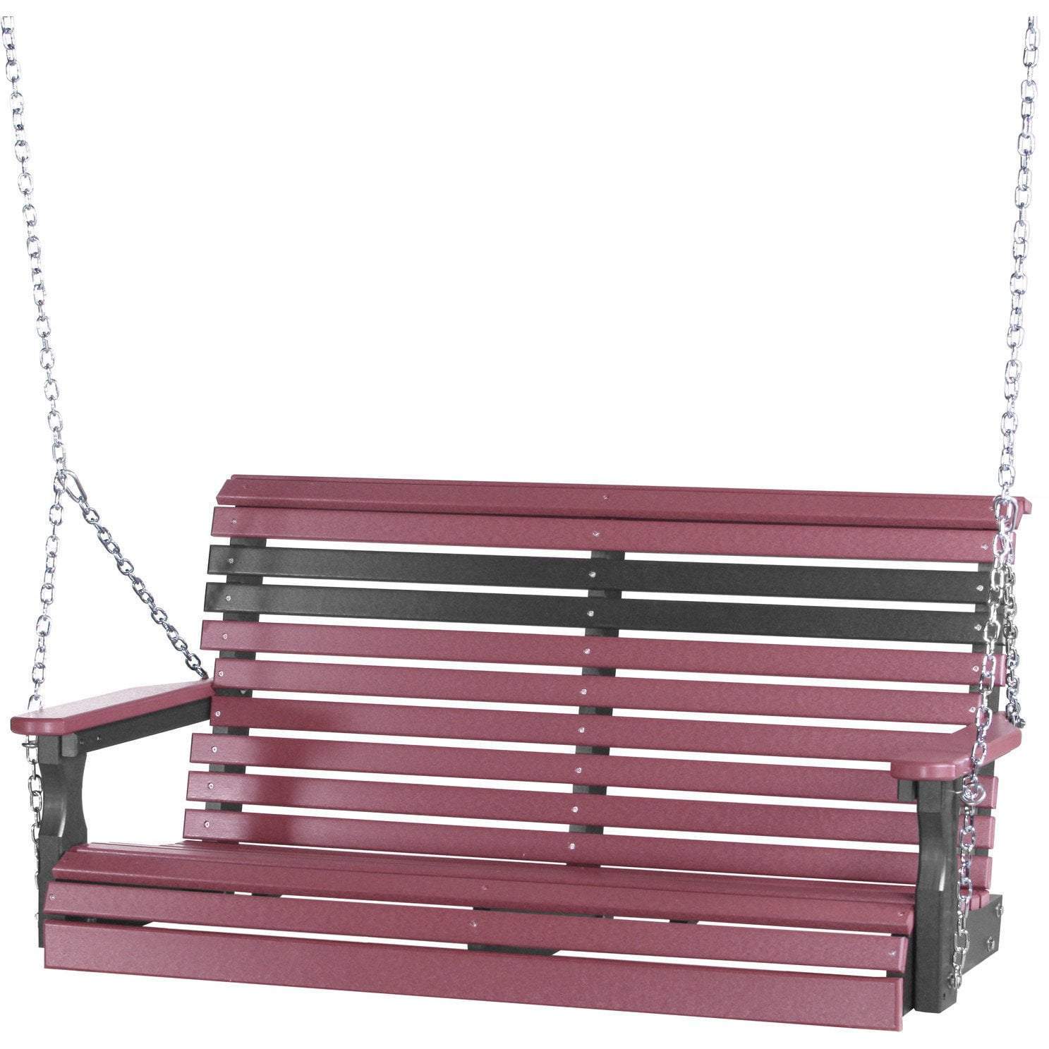 LuxCraft 4ft Cherry Wood Porch Swing with Cup Holder - Recycled Plastic Outdoor Furniture for Patio, Garden, Backyard Relaxation