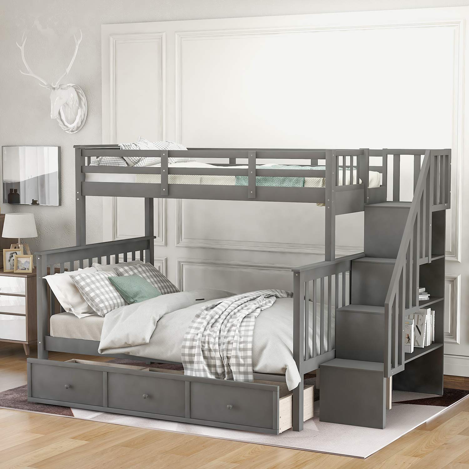 P PURLOVE Twin-Over-Full Bunk Bed with Drawer & Side Storage - Solid Wood Bunk Bed for Kids, Teens & Adults - Space-Saving Solution for Small Bedrooms, Dorm Rooms & Guest Rooms