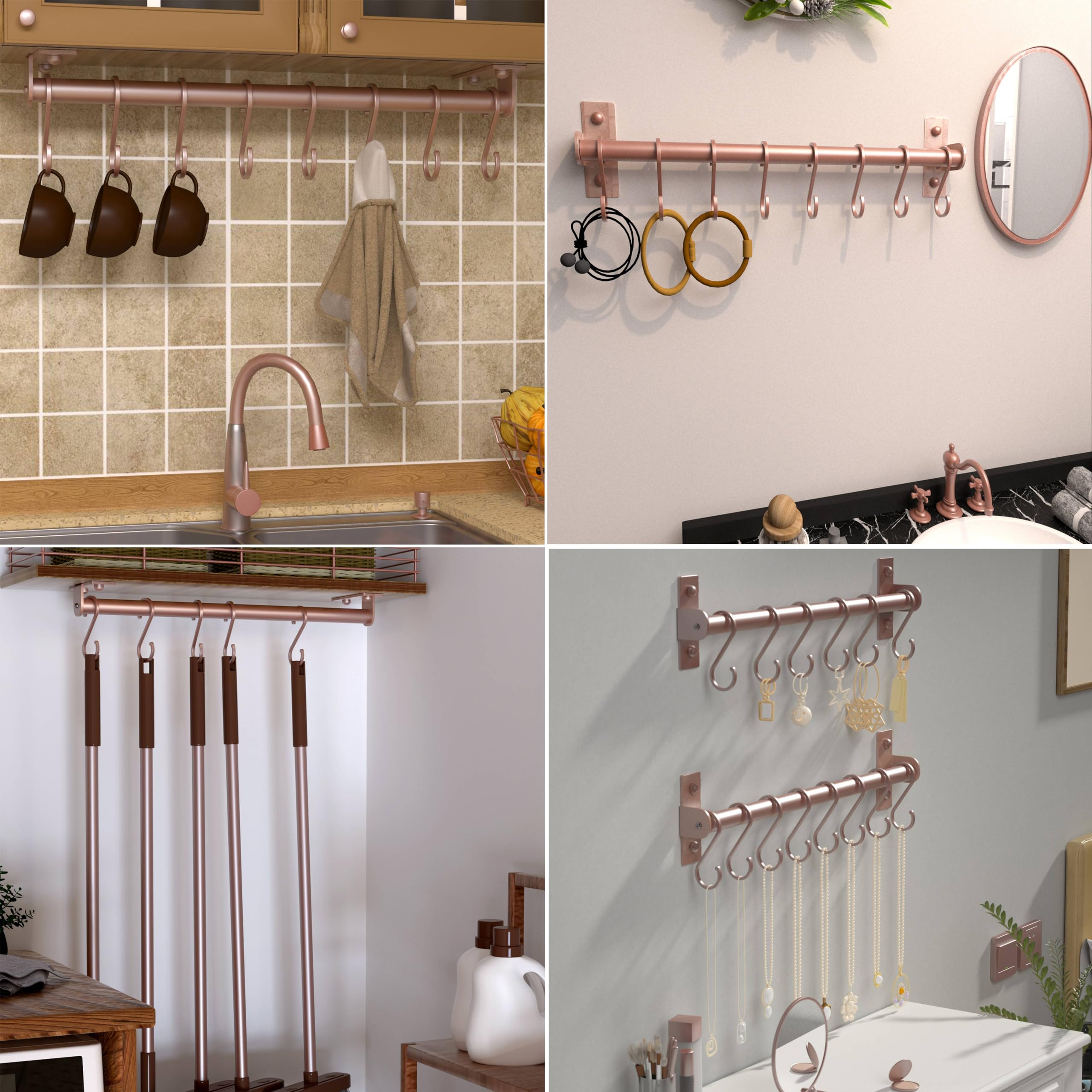 Dseap Wall Mounted Kitchen Utensil Holder - Rose Gold Pot and Pan Rack with 8 Hooks for Hanging Cooking Utensils, Mugs, Spoons - Perfect for Small Kitchens and Organized Cooking Spaces