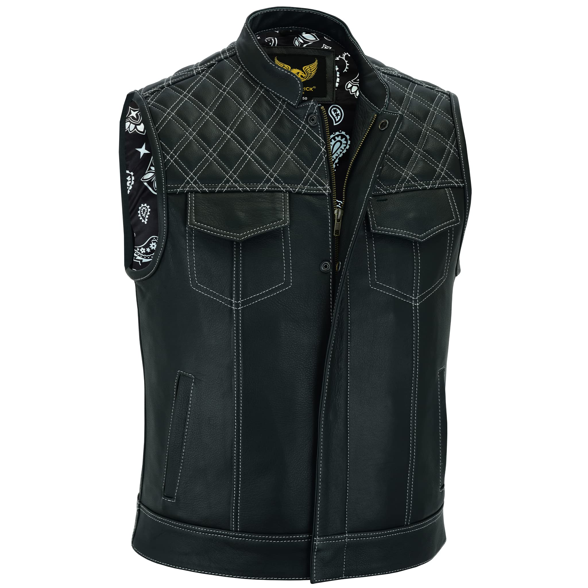 Men's Black Leather Motorcycle Vest with SOA Club & Traditional Paisley Satin Liner - Biker Jacket for Riding, Motorcycle Clubs, and Casual Wear