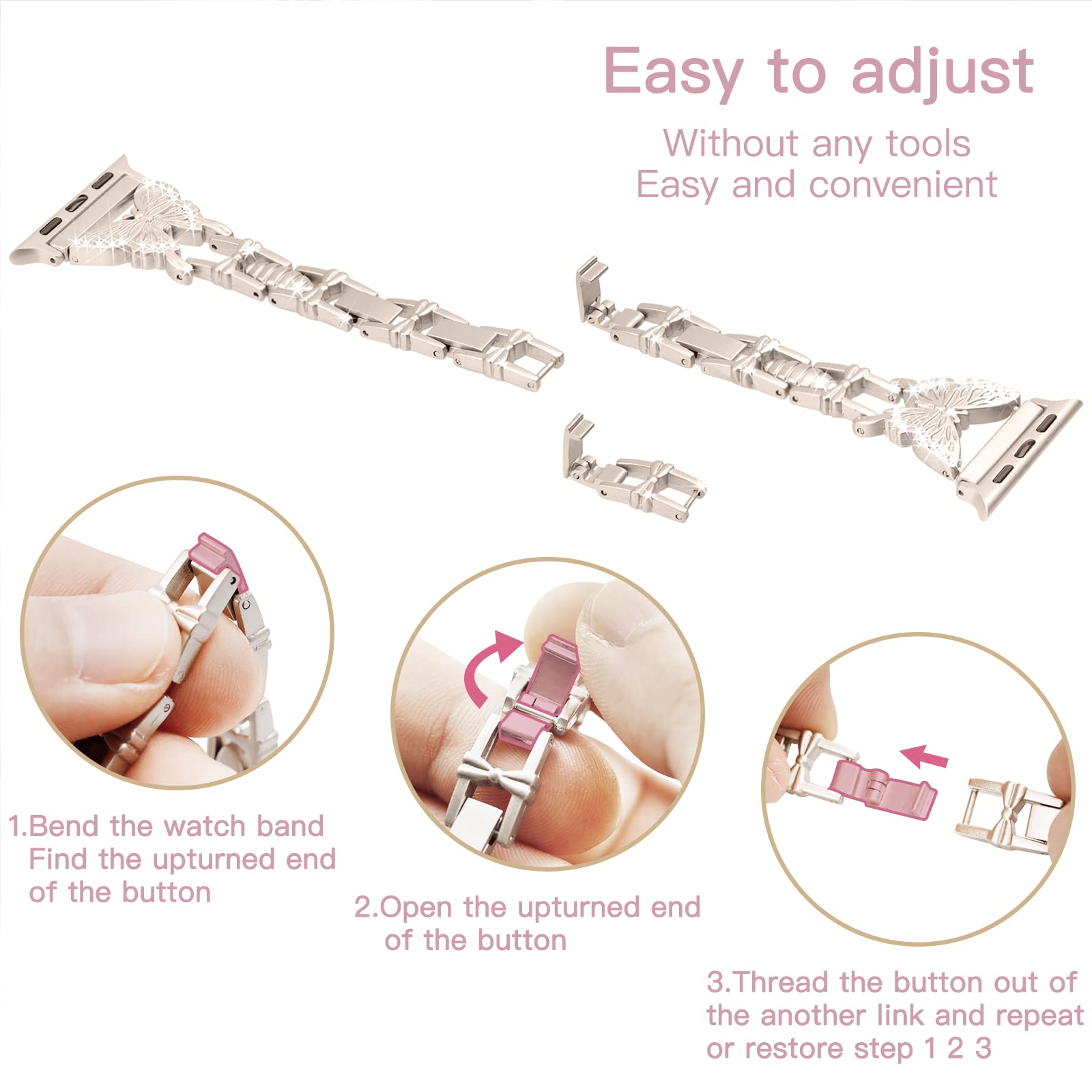 Elegant Bling Diamond Butterfly Apple Watch Band for Women - Compatible with Series 10/9/8/7/6/5/4/3/2/1/SE (49mm 46mm 45mm 44mm 42mm) - Adjustable Jewelry Metal Strap for Dressy Occasions, Parties & Daily Wear