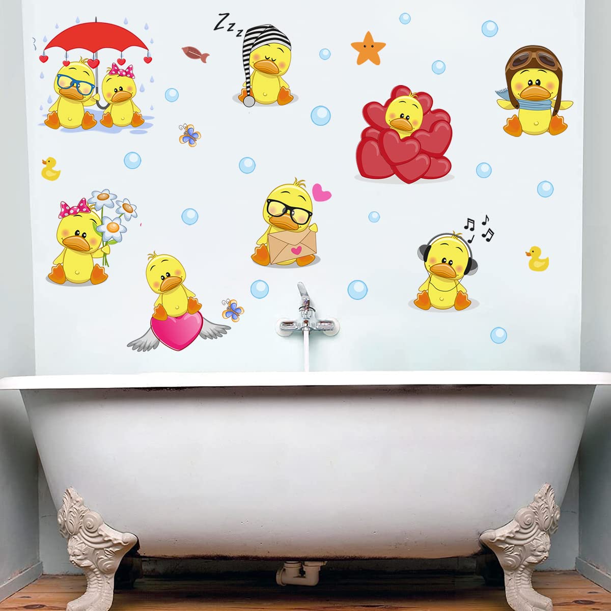 WOYINIS Cute Yellow Duck Wall Decals - Peel & Stick Removable Duck with Bubbles Sticker Set for DIY Kids Room, Playroom & Bathroom Decor - Perfect for Summer Nursery Wall Art and Baby Shower Decorations