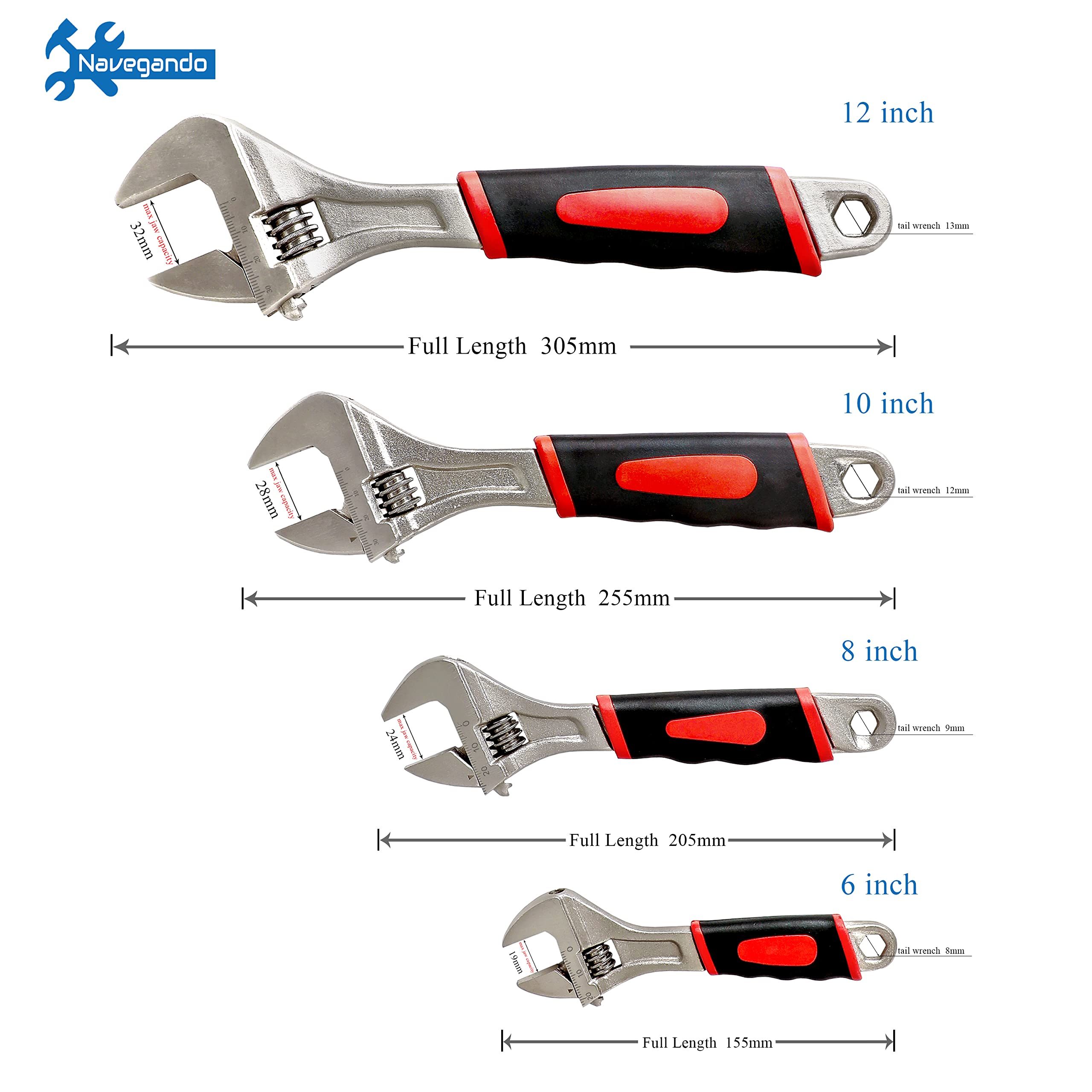 Adjustable Wrench Set 4-Piece - 6, 8, 10, 12 Inch Professional Spanner Kit with Ergonomic Rubber Grip & Movable Jaw - Ideal for Plumbing, Automotive Repair, and DIY Home Improvement Projects