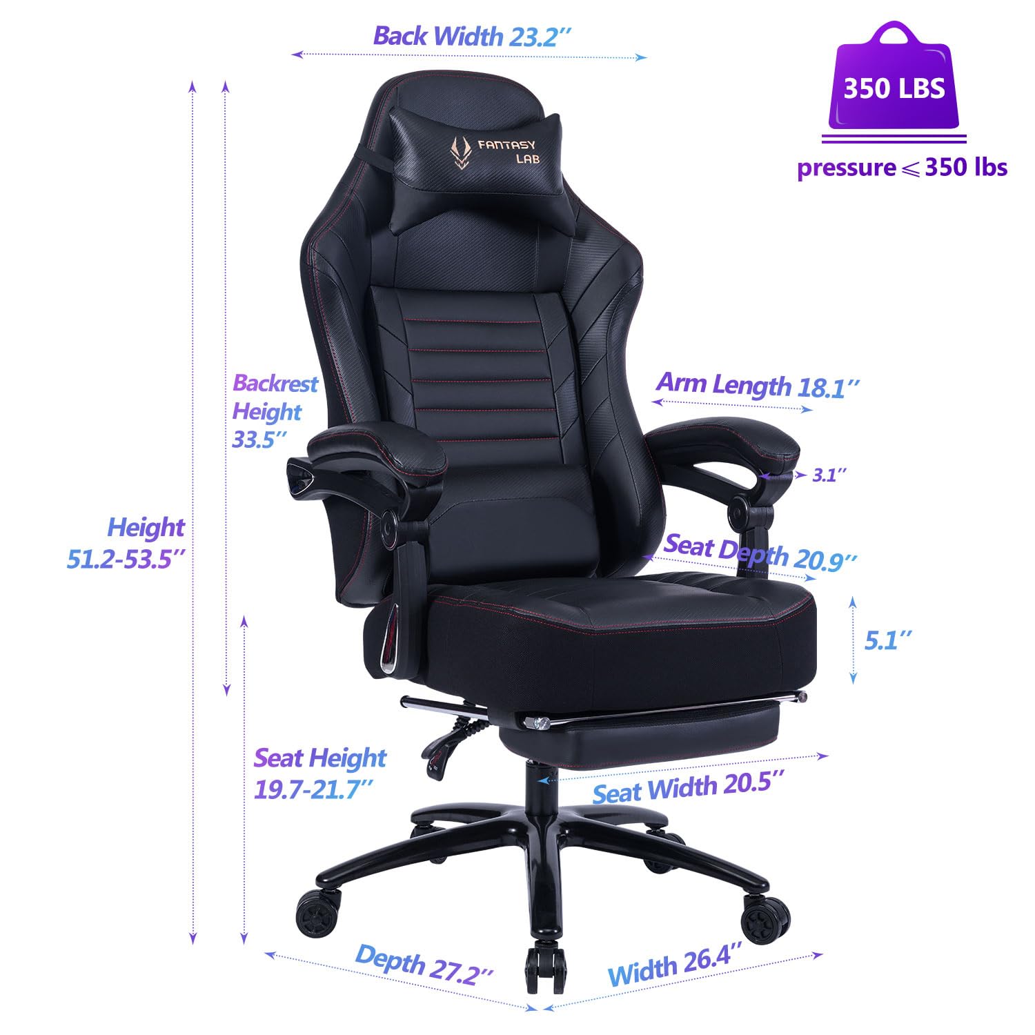 Fantasylab Big and Tall Gaming Chair 400lb Capacity with Footrest & Massage - Memory Foam Seat, Adjustable Tilt Back & Armrests - Ergonomic Office Chair for Heavy Adults - Perfect for Gaming, Working & Relaxing at Home