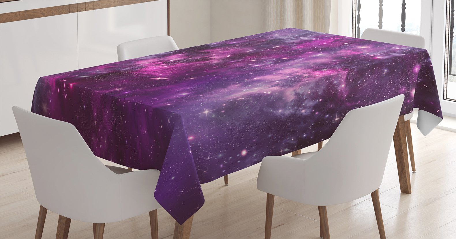 Ambesonne Purple Galaxy Tablecloth - 60x84 Inch Rectangular Dining Table Cover with Nebula & Star Clusters Design, Dark Space Themed Kitchen Decor for Parties, Holidays & Everyday Use