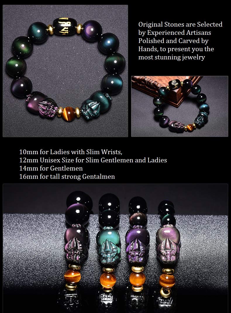 Feng Shui Obsidian Bracelet with Double Pixiu - Rainbow Obsidian & Tiger Eye Stone Money Luck Talisman, Stretch Bangle with Six Word Mantra Carving - Perfect for Wealth Attraction, Spiritual Protection & Daily Wear