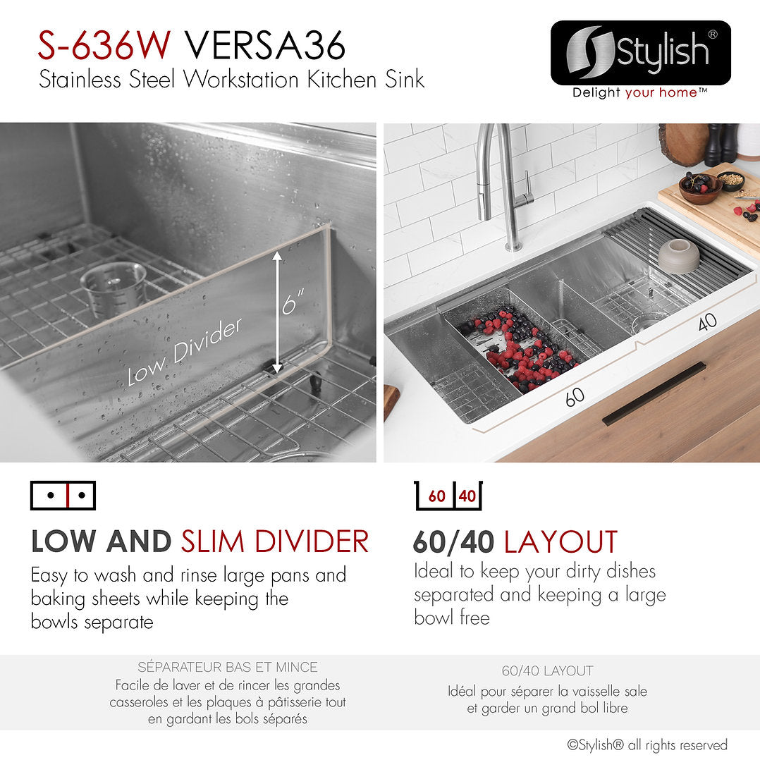 Premium 36-Inch VERSA36 S 636W Stainless Steel Undermount Double Bowl Kitchen Sink with Accessories - Perfect for Modern Kitchens, Food Prep & Dishwashing